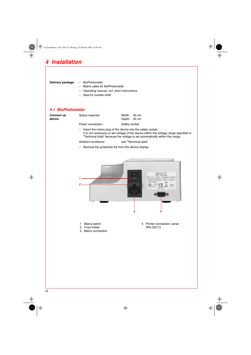 4 installation | Eppendorf BioPhotometer User Manual | Page 12 / 53