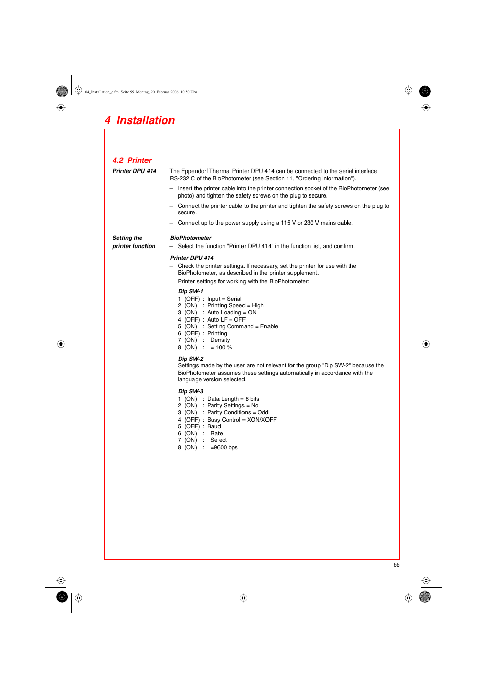 4 installation, 2 printer | Eppendorf BioPhotometer User Manual | Page 13 / 53