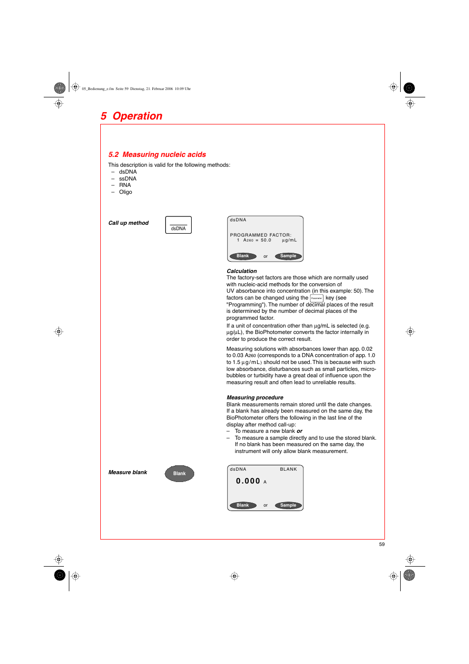 5 operation, 2 measuring nucleic acids | Eppendorf BioPhotometer User Manual | Page 17 / 53