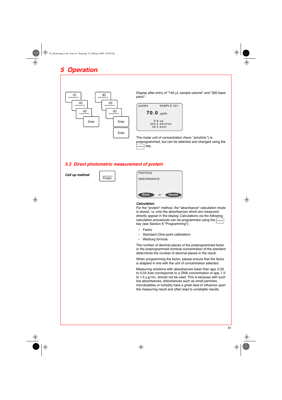 5 operation, 3 direct photometric measurement of protein | Eppendorf BioPhotometer User Manual | Page 19 / 53