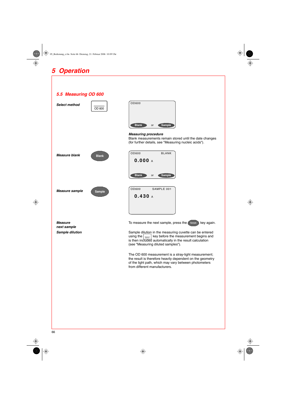 5 operation, 5 measuring od 600 | Eppendorf BioPhotometer User Manual | Page 24 / 53