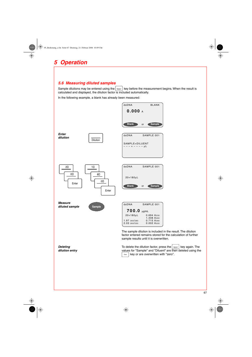 5 operation, 6 measuring diluted samples | Eppendorf BioPhotometer User Manual | Page 25 / 53