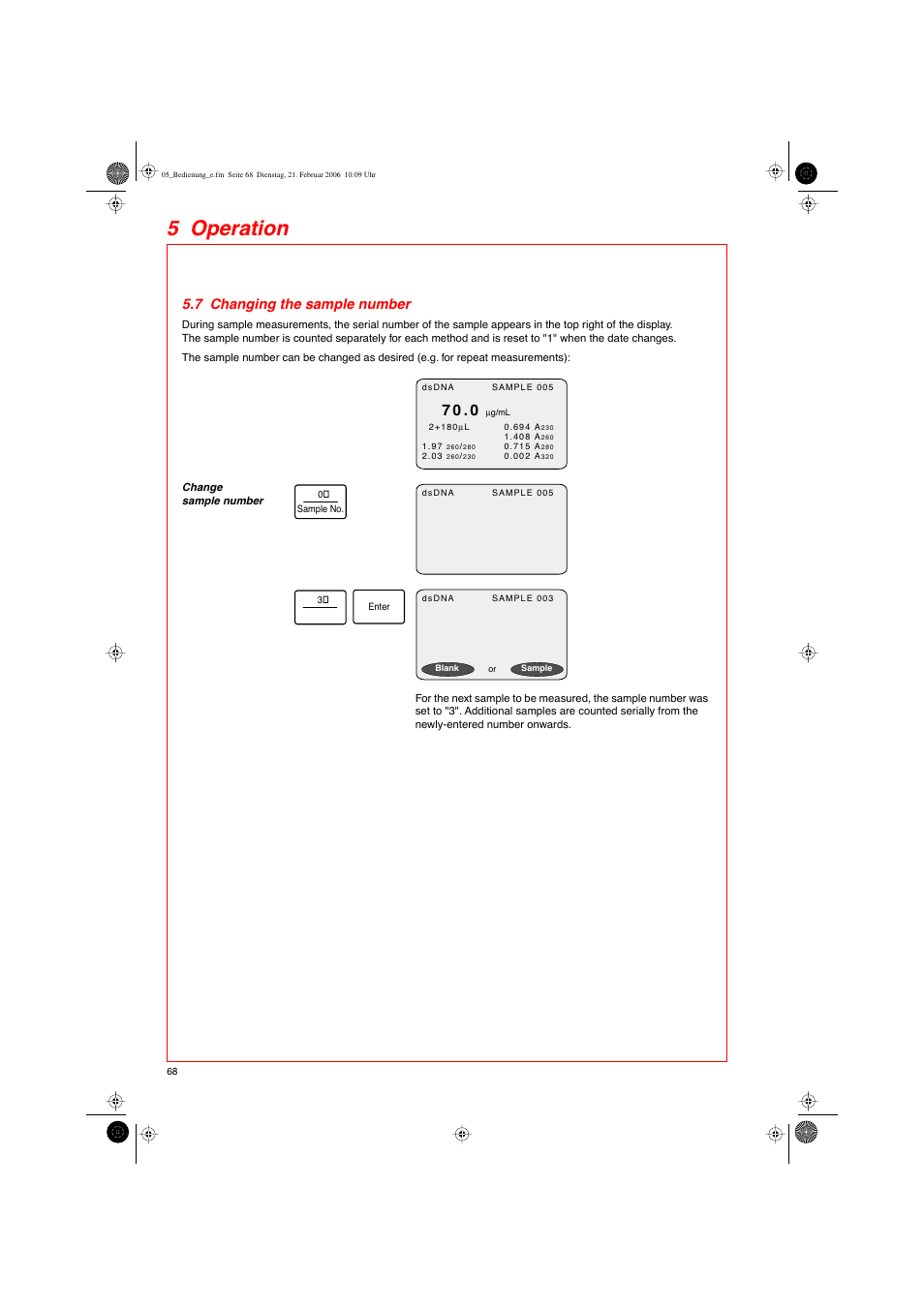 5 operation, 7 changing the sample number | Eppendorf BioPhotometer User Manual | Page 26 / 53