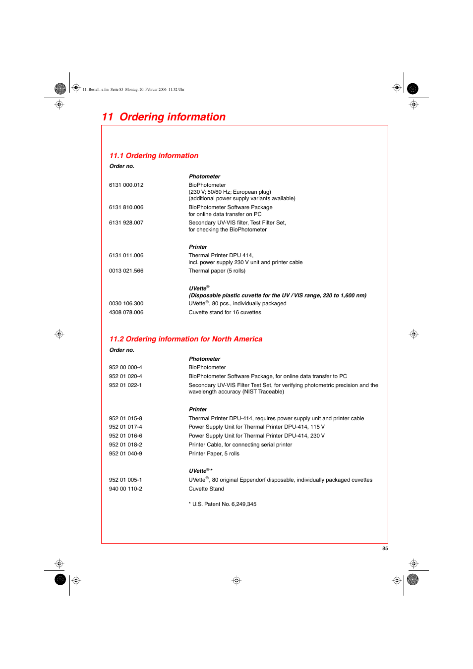 11 ordering information, 1 ordering information, 2 ordering information for north america | Eppendorf BioPhotometer User Manual | Page 43 / 53