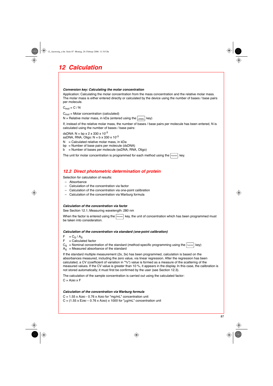 12 calculation, 2 direct photometric determination of protein | Eppendorf BioPhotometer User Manual | Page 45 / 53