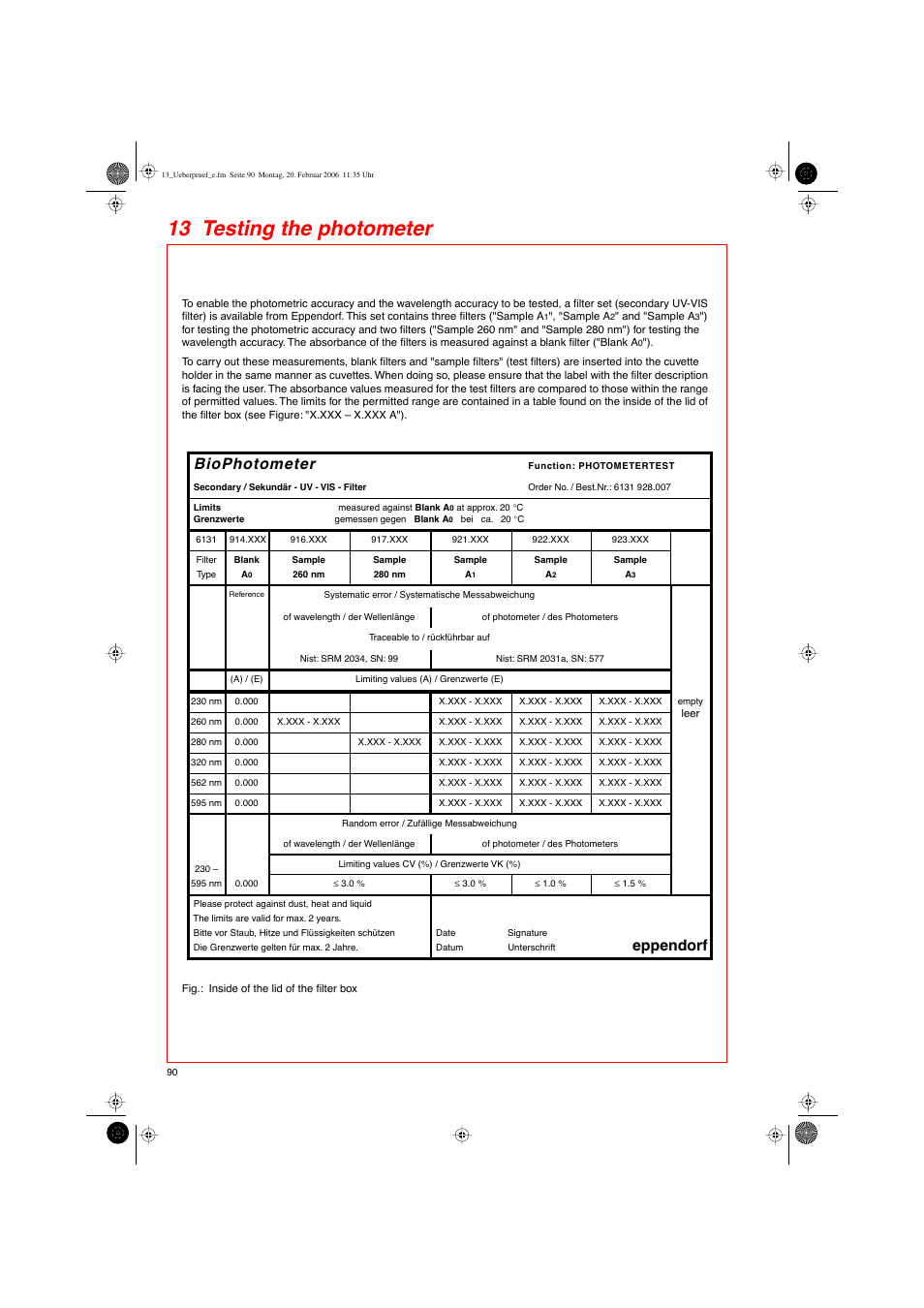 13 testing the photometer, Biophotometer, Eppendorf | Eppendorf BioPhotometer User Manual | Page 48 / 53