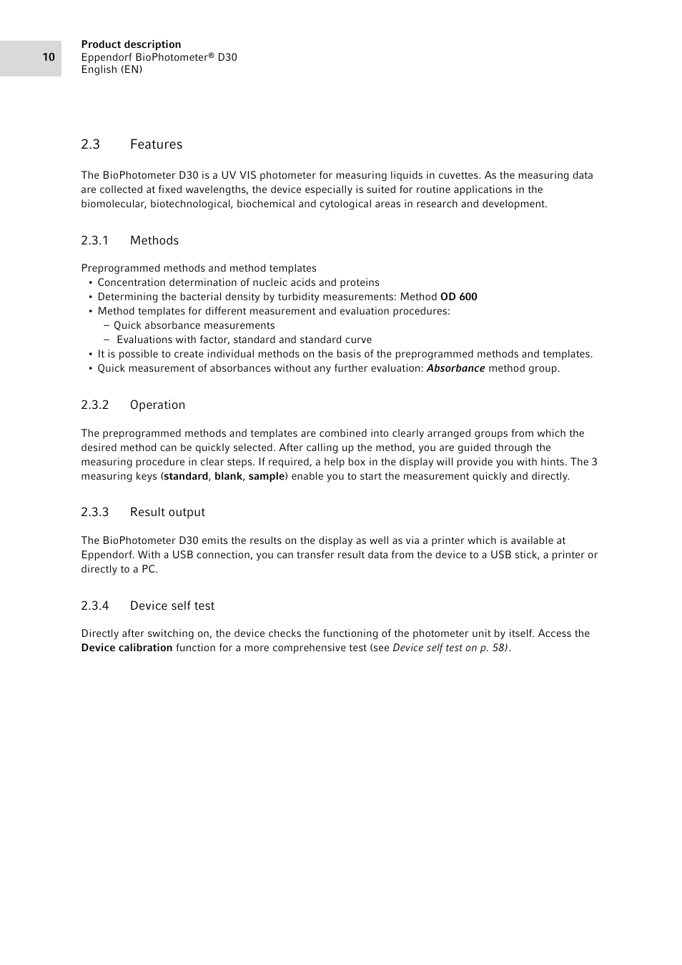 3 features, 1 methods, 2 operation | 3 result output, 4 device self test, Features 2.3.1, Methods, Operation, Result output, Device self test | Eppendorf D30 BioPhotometer User Manual | Page 10 / 86