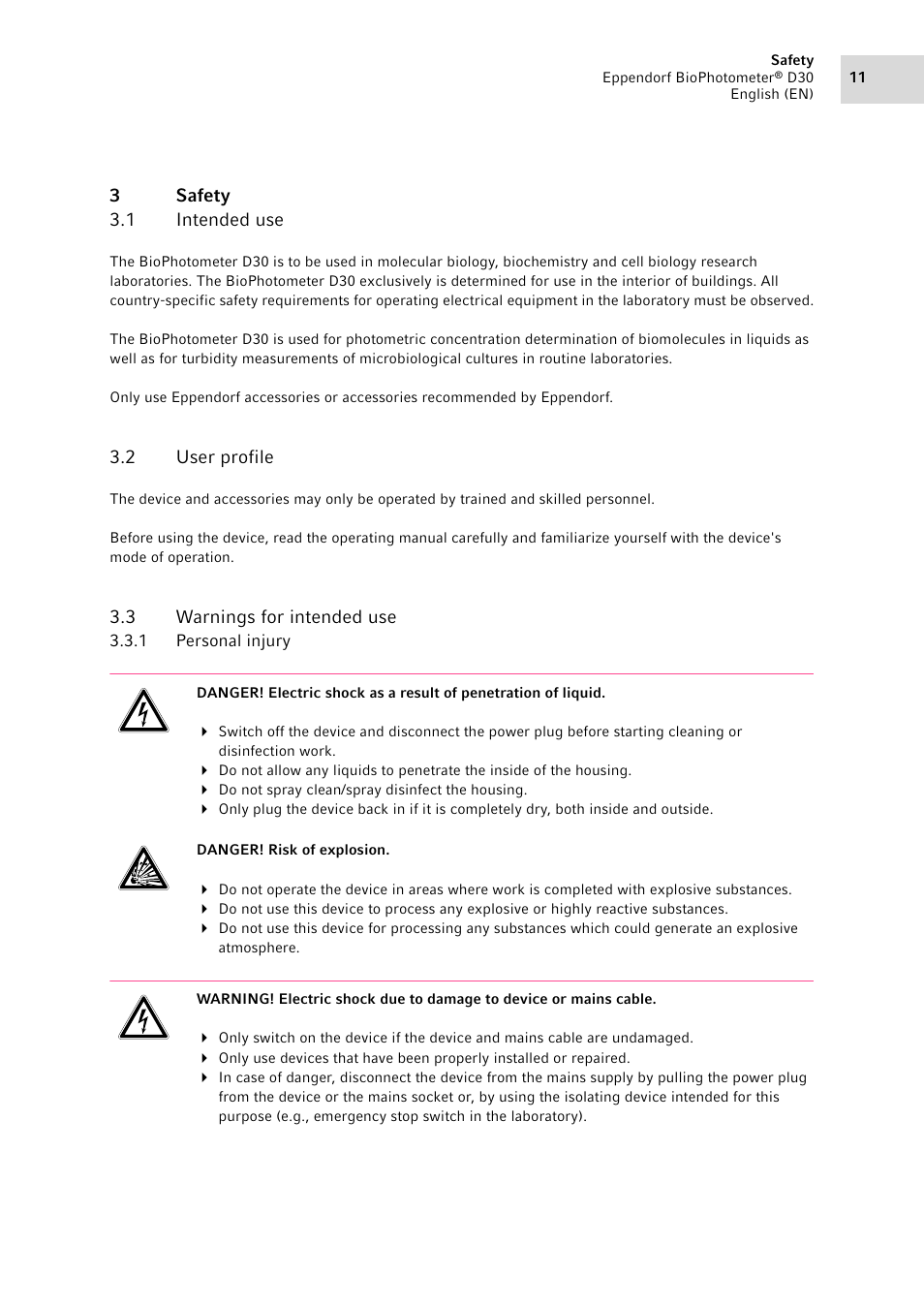 3 safety, 1 intended use, 2 user profile | 3 warnings for intended use, 1 personal injury, Safety 3.1, Intended use, User profile, Warnings for intended use 3.3.1, Personal injury | Eppendorf D30 BioPhotometer User Manual | Page 11 / 86