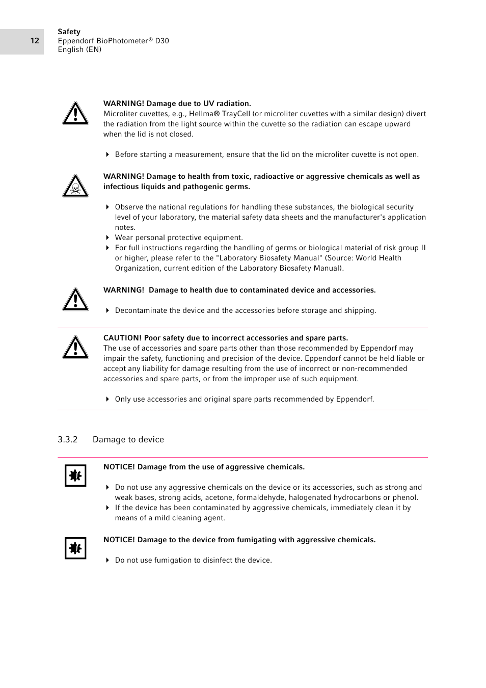 2 damage to device, Damage to device | Eppendorf D30 BioPhotometer User Manual | Page 12 / 86