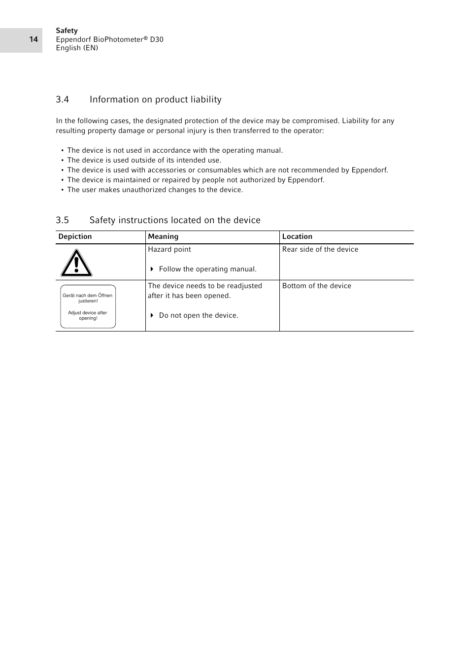 4 information on product liability, 5 safety instructions located on the device, Information on product liability | Safety instructions located on the device | Eppendorf D30 BioPhotometer User Manual | Page 14 / 86