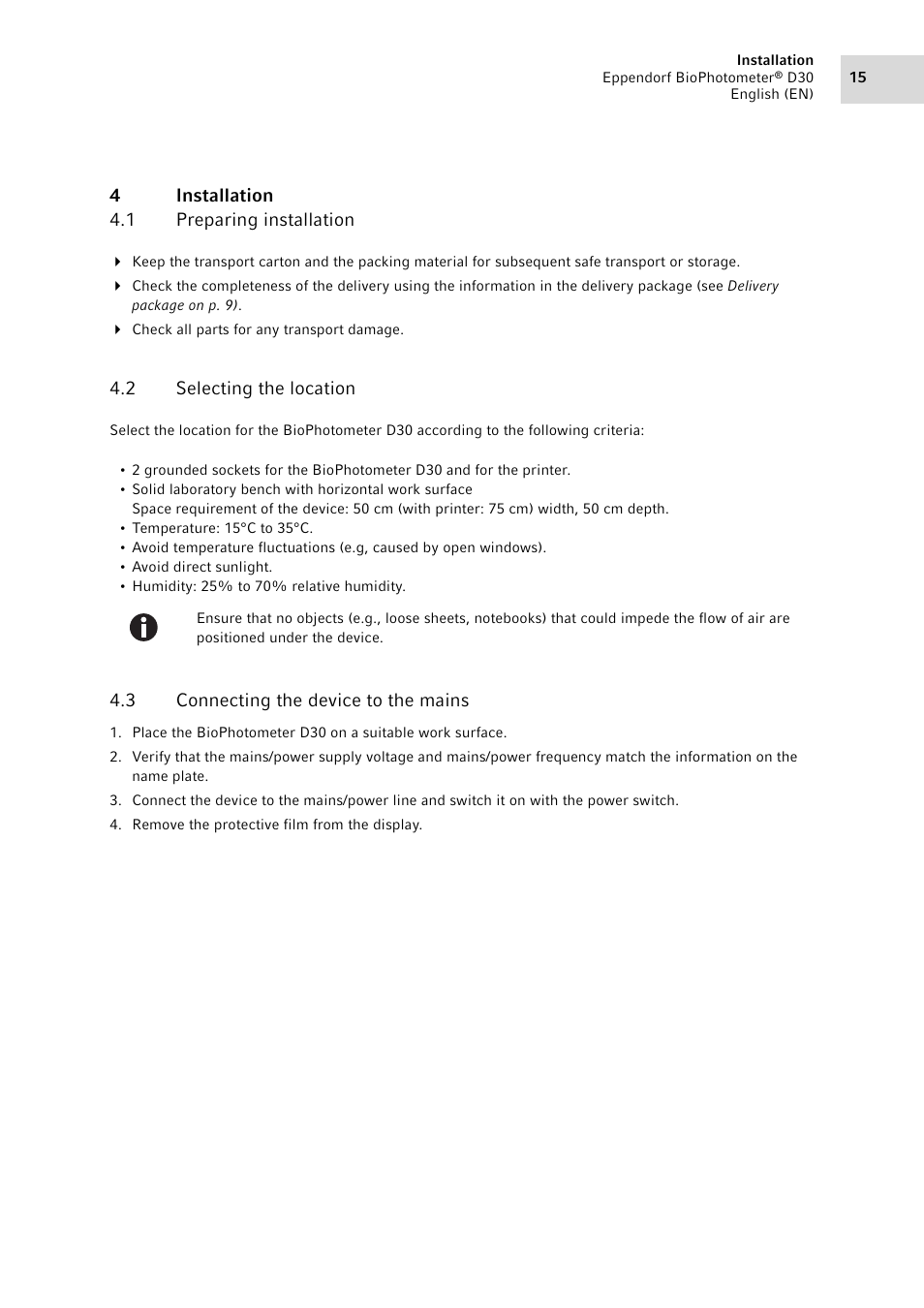 4 installation, 1 preparing installation, 2 selecting the location | 3 connecting the device to the mains, Installation 4.1, Preparing installation, Selecting the location, Connecting the device to the mains | Eppendorf D30 BioPhotometer User Manual | Page 15 / 86