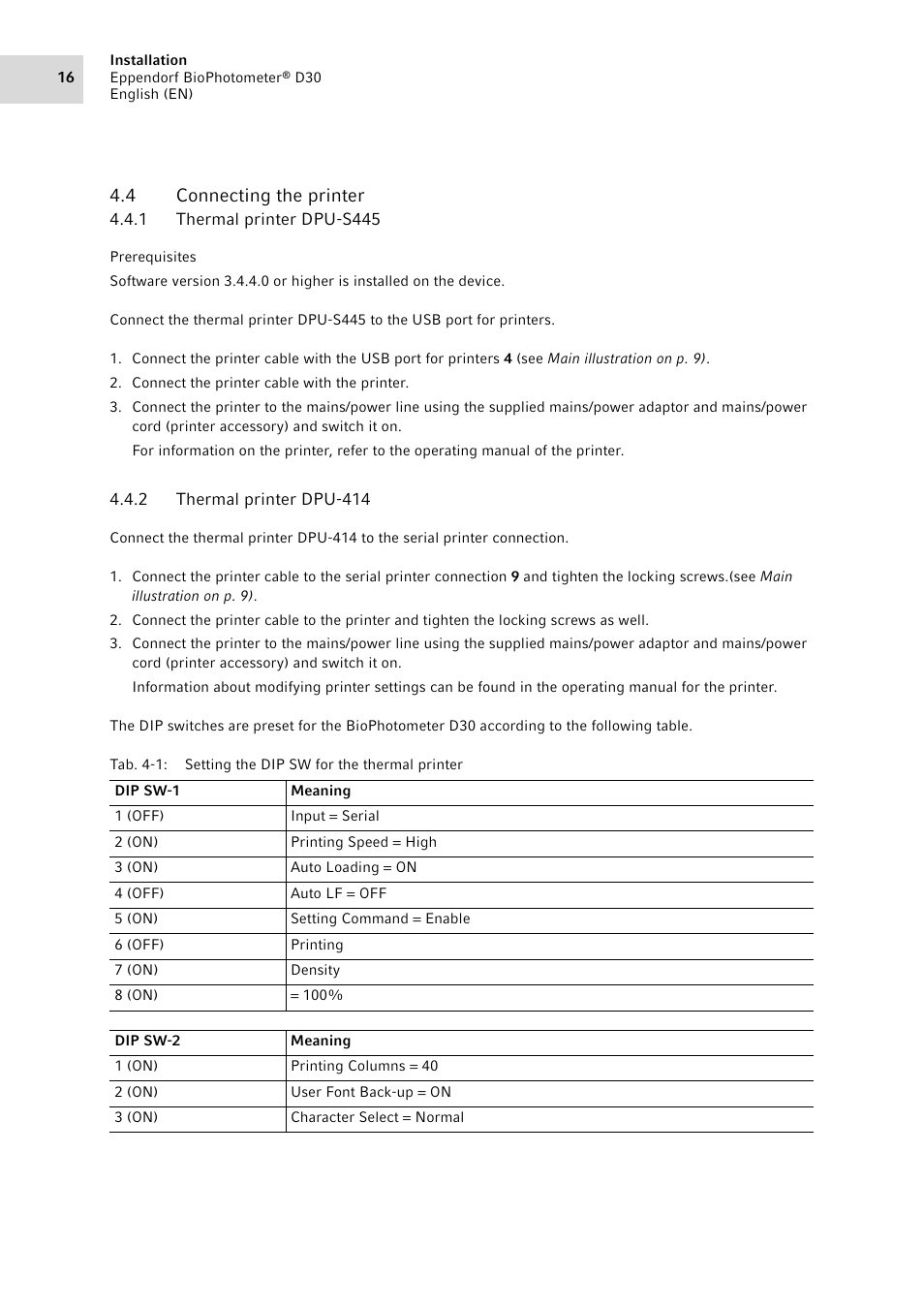 4 connecting the printer, 1 thermal printer dpu-s445, 2 thermal printer dpu-414 | Connecting the printer 4.4.1, Thermal printer dpu-s445, Thermal printer dpu-414 | Eppendorf D30 BioPhotometer User Manual | Page 16 / 86