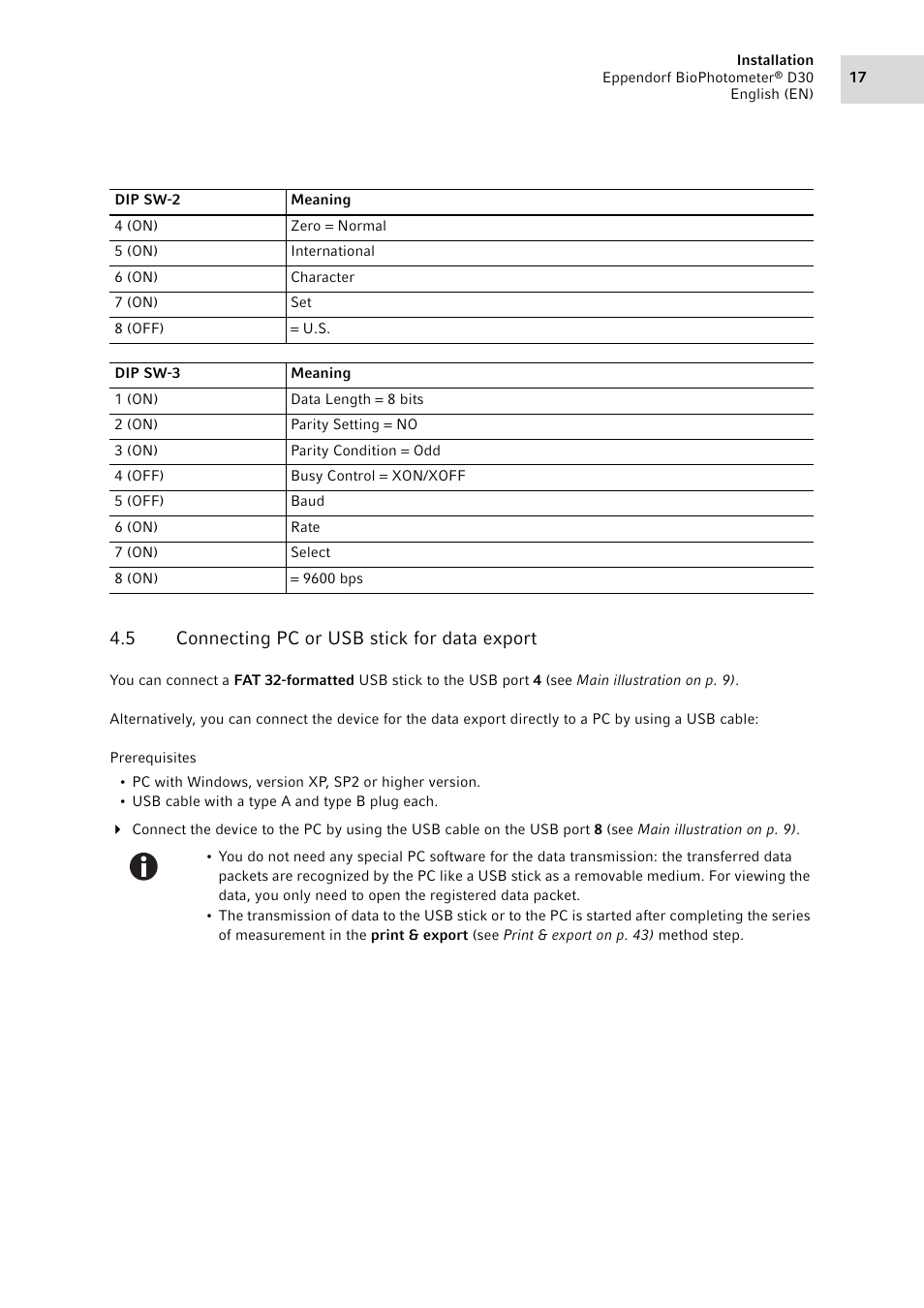 5 connecting pc or usb stick for data export, Connecting pc or usb stick for data export | Eppendorf D30 BioPhotometer User Manual | Page 17 / 86