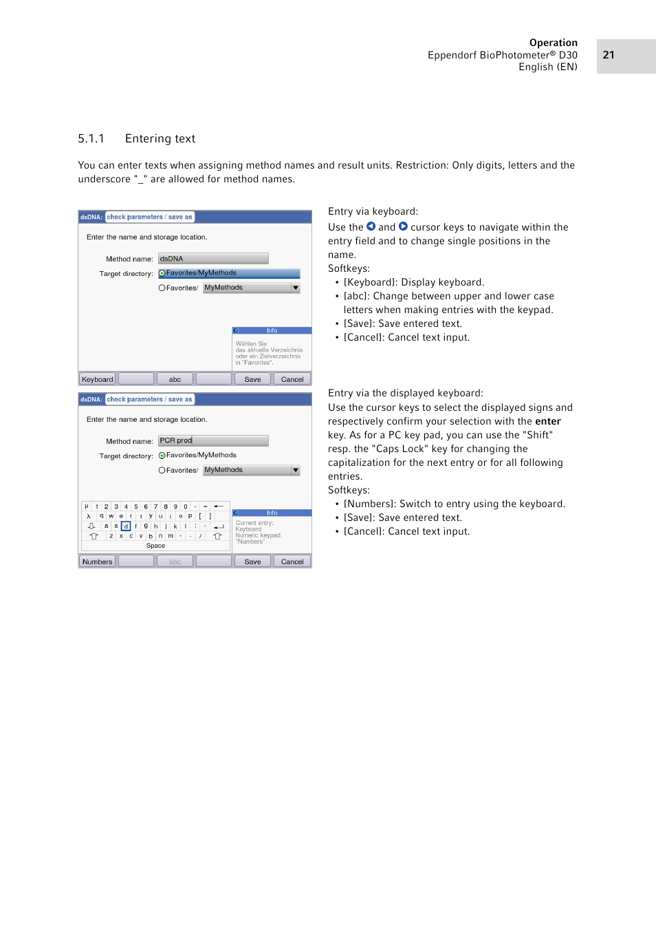 1 entering text, Entering text | Eppendorf D30 BioPhotometer User Manual | Page 21 / 86