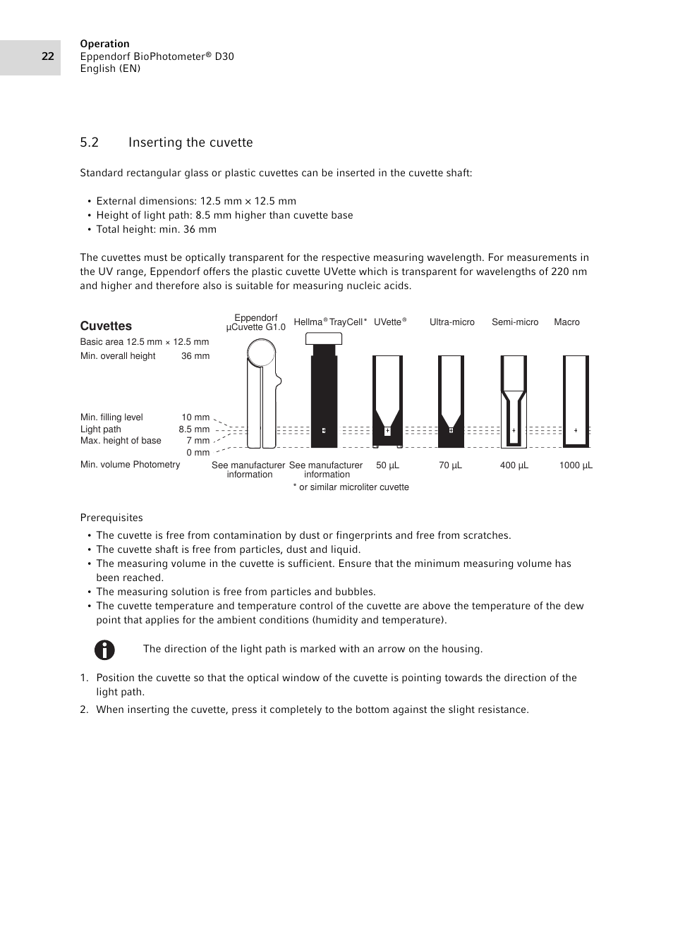 2 inserting the cuvette, Inserting the cuvette, Cuvettes | Eppendorf D30 BioPhotometer User Manual | Page 22 / 86