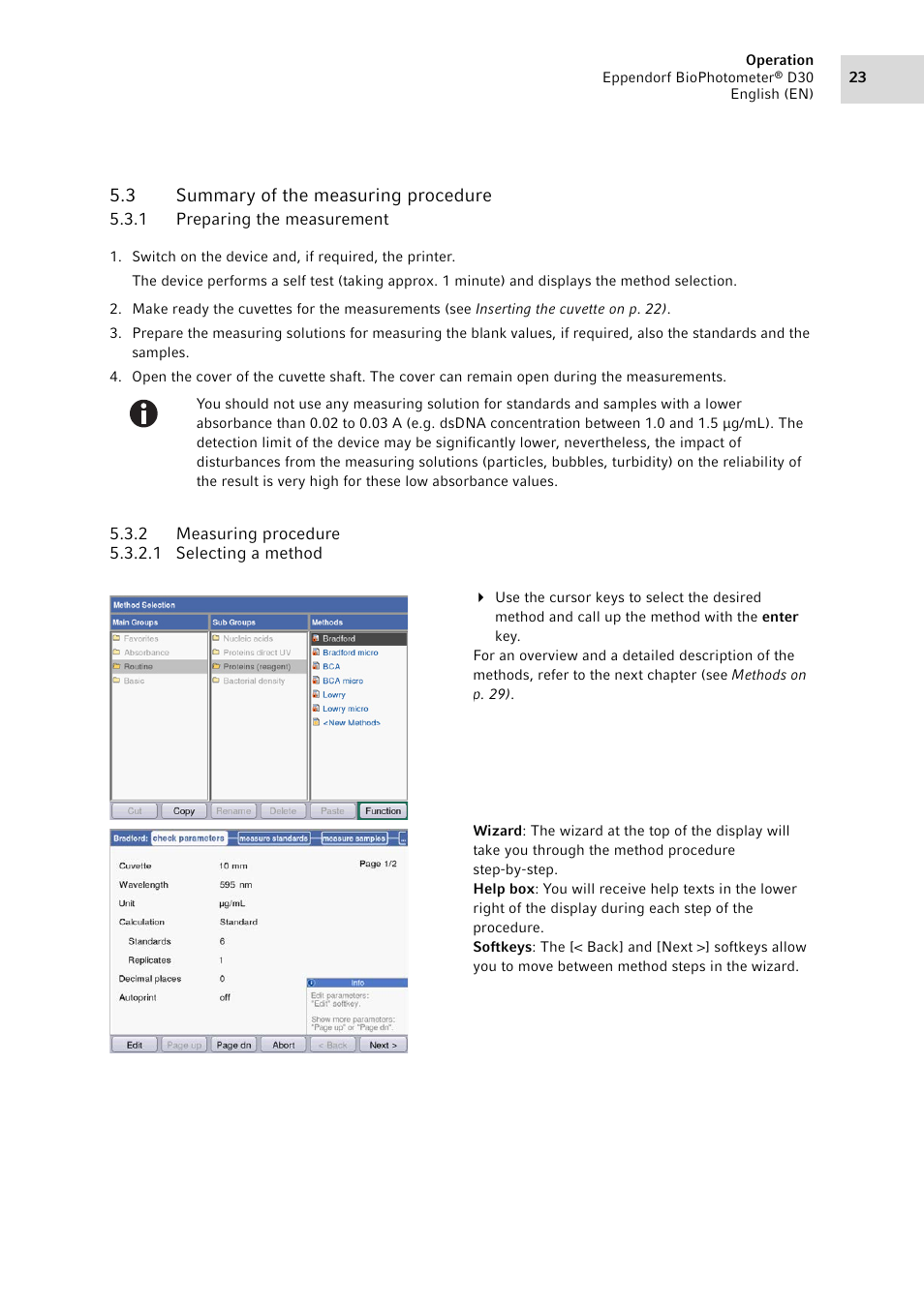 3 summary of the measuring procedure, 1 preparing the measurement, 2 measuring procedure | Summary of the measuring procedure 5.3.1, Preparing the measurement, Measuring procedure | Eppendorf D30 BioPhotometer User Manual | Page 23 / 86