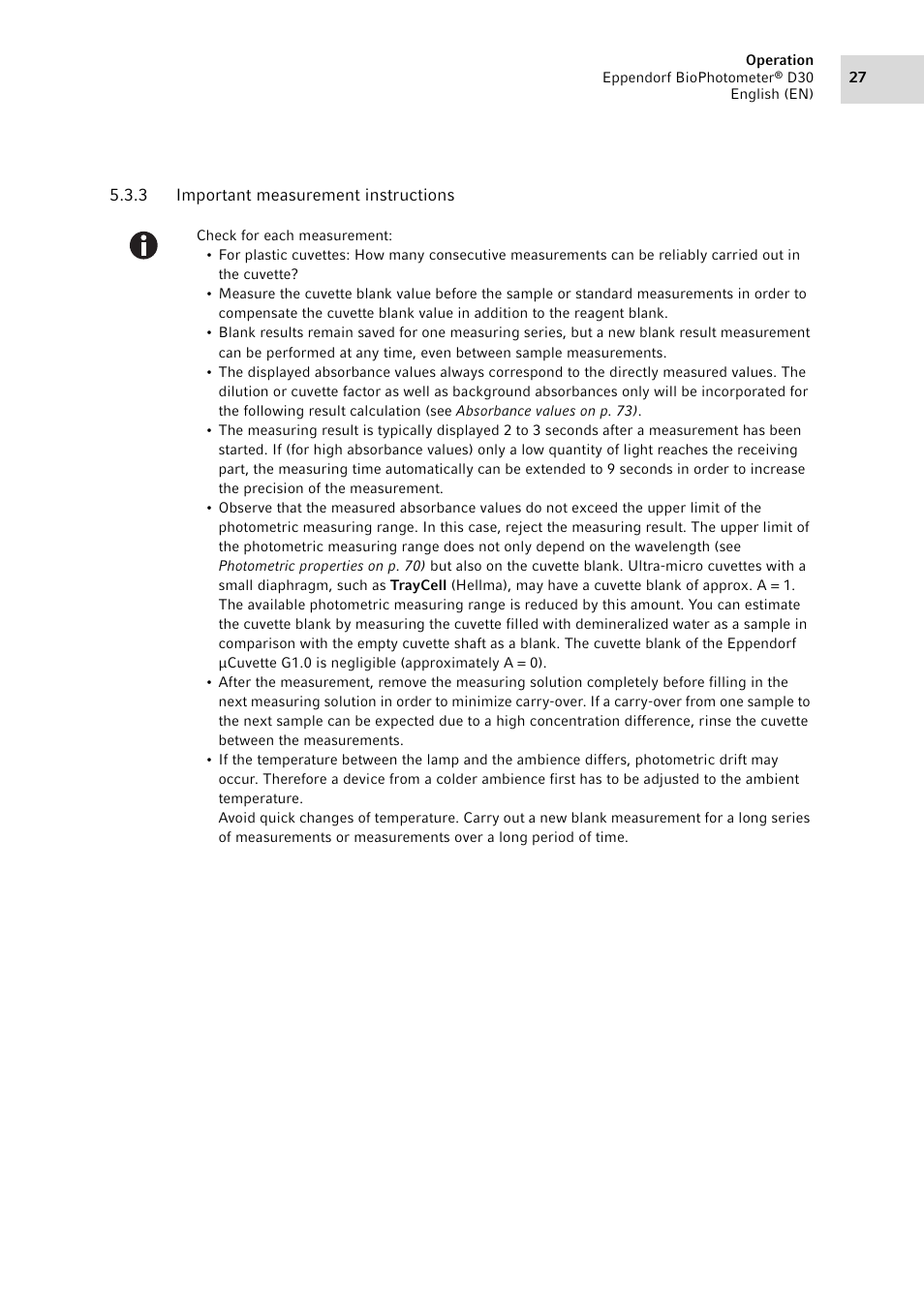 3 important measurement instructions, Important measurement instructions | Eppendorf D30 BioPhotometer User Manual | Page 27 / 86