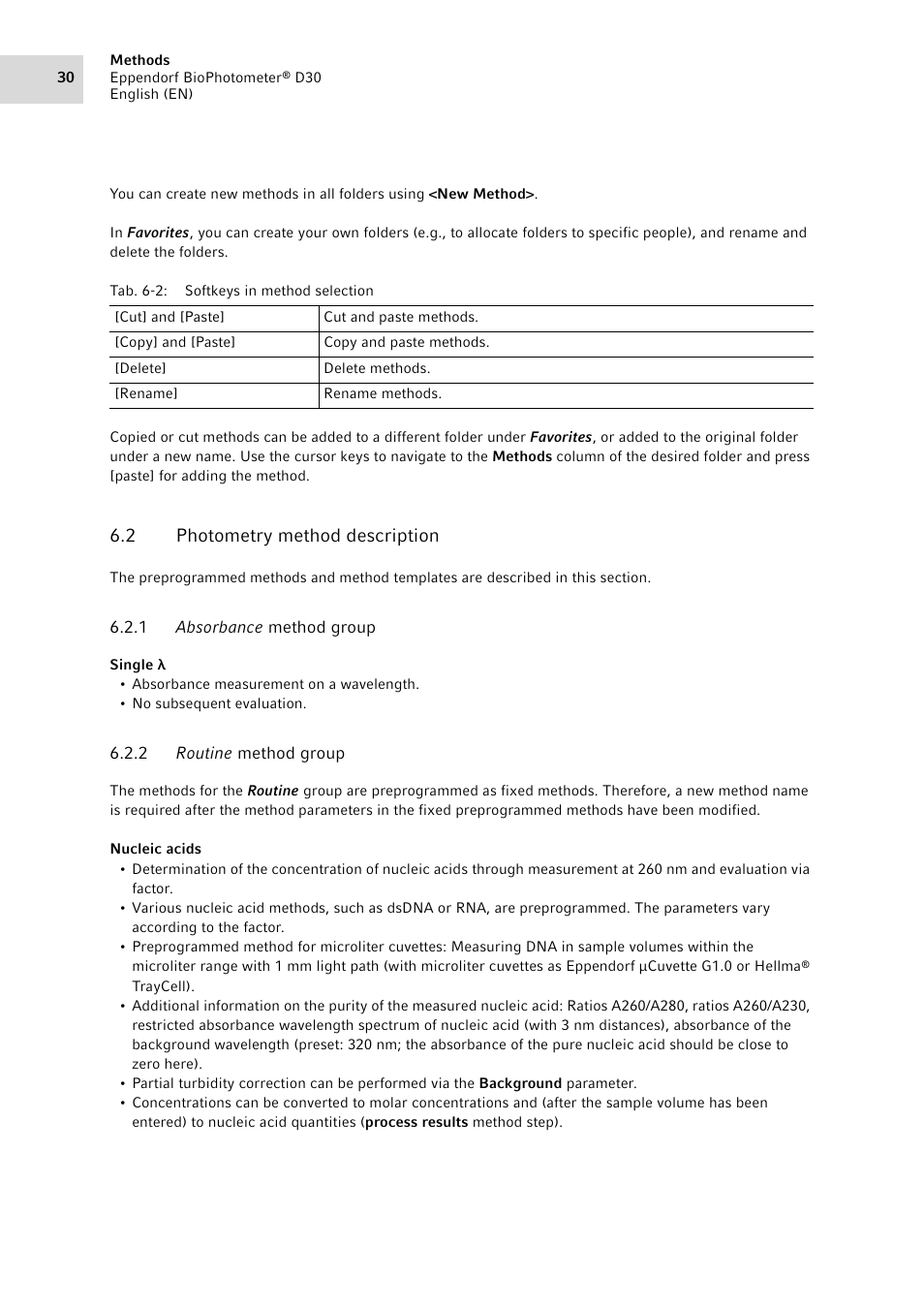 2 photometry method description, 1 absorbance method group, 2 routine method group | Photometry method description 6.2.1, Absorbance method group, Routine method group | Eppendorf D30 BioPhotometer User Manual | Page 30 / 86