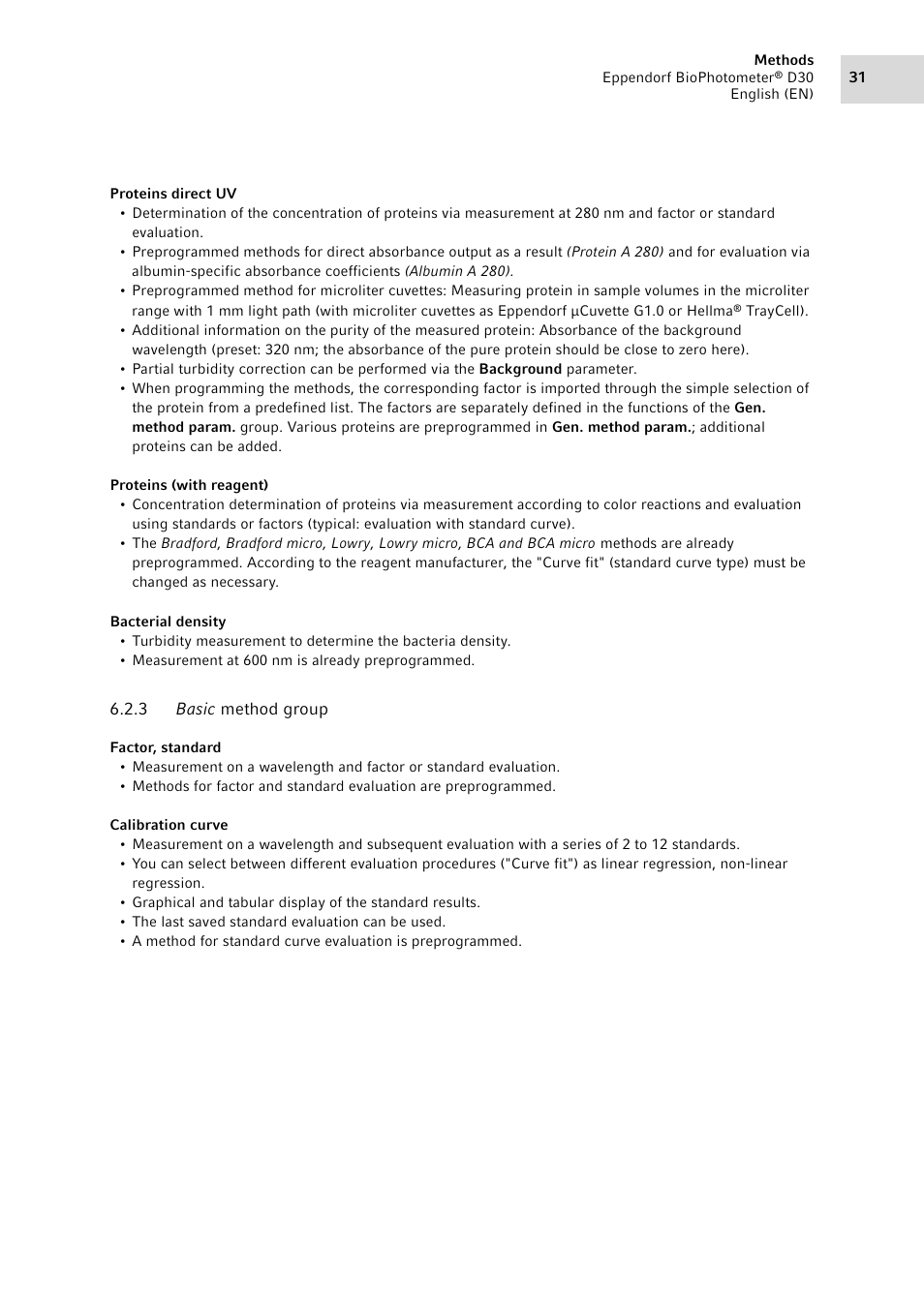 3 basic method group, Basic method group | Eppendorf D30 BioPhotometer User Manual | Page 31 / 86