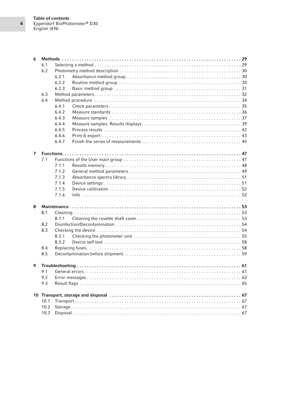 Eppendorf D30 BioPhotometer User Manual | Page 4 / 86