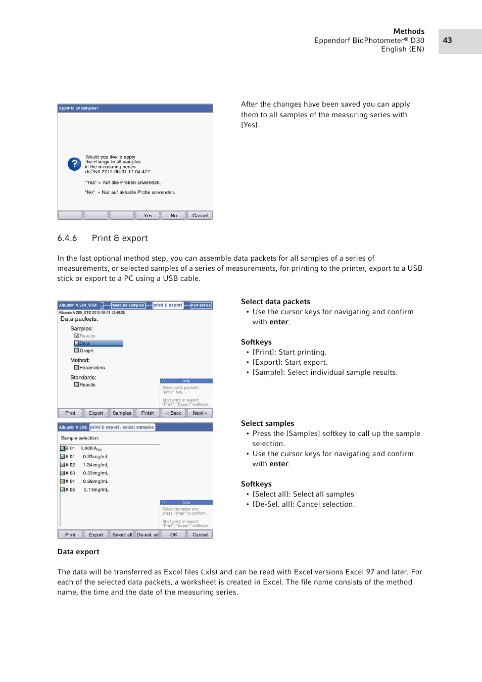 6 print & export, Print & export | Eppendorf D30 BioPhotometer User Manual | Page 43 / 86