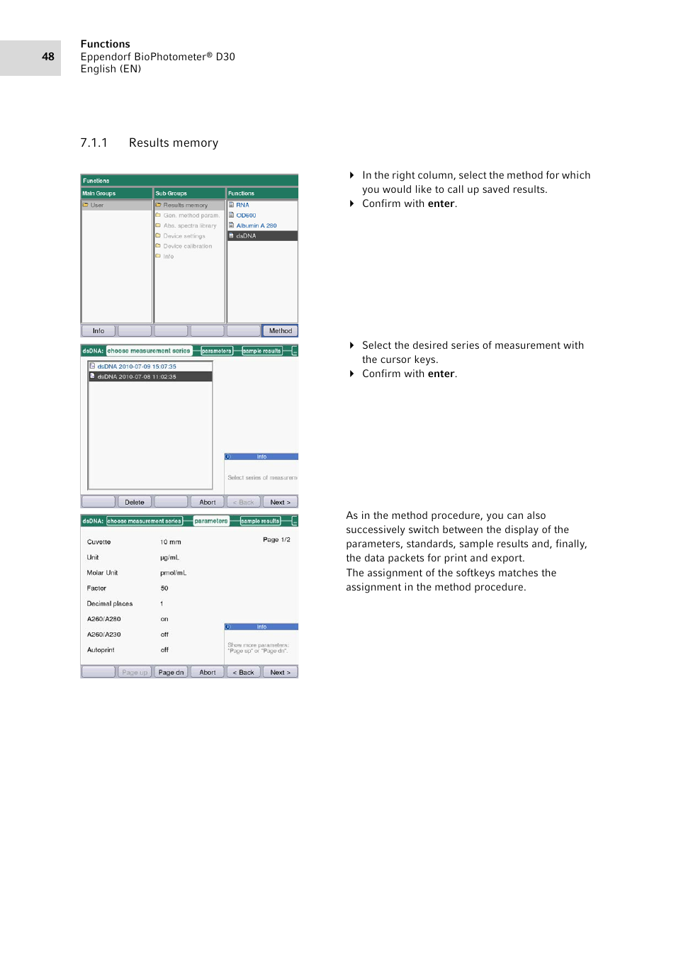 1 results memory, Results memory | Eppendorf D30 BioPhotometer User Manual | Page 48 / 86