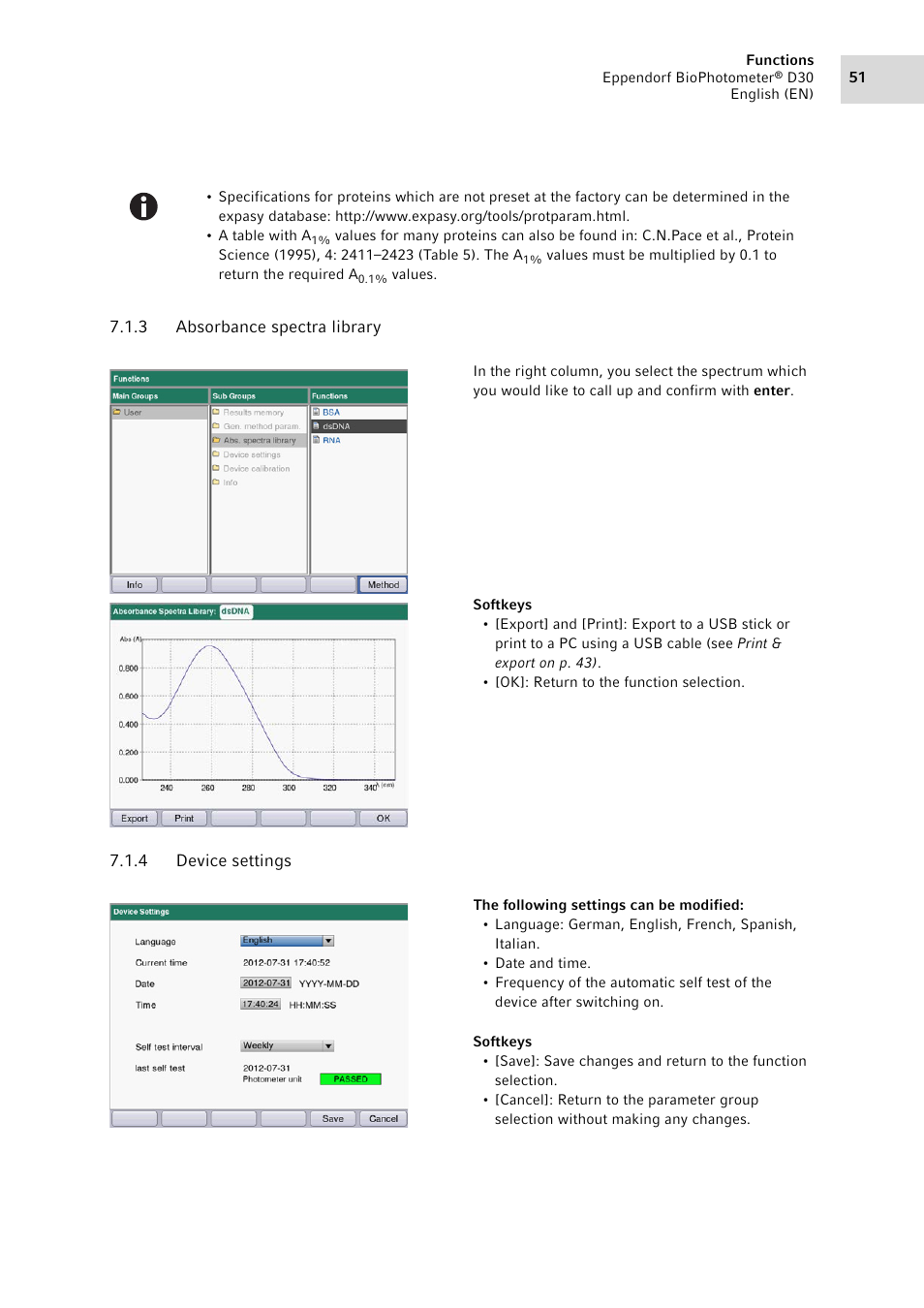 3 absorbance spectra library, 4 device settings, Absorbance spectra library | Device settings | Eppendorf D30 BioPhotometer User Manual | Page 51 / 86