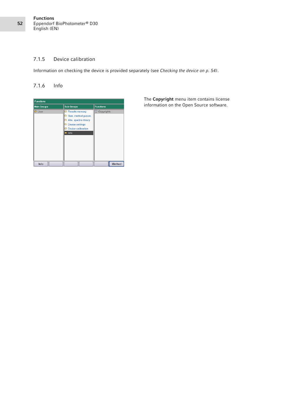 5 device calibration, 6 info, Device calibration | Info | Eppendorf D30 BioPhotometer User Manual | Page 52 / 86