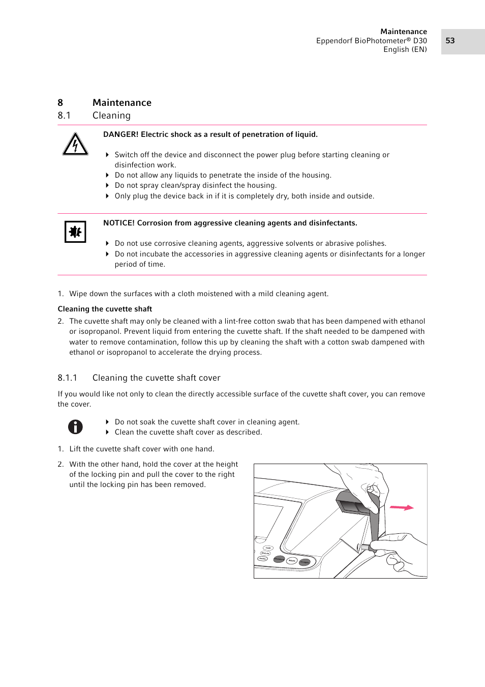 8 maintenance, 1 cleaning, 1 cleaning the cuvette shaft cover | Maintenance 8.1, Cleaning 8.1.1, Cleaning the cuvette shaft cover, 8maintenance 8.1 cleaning | Eppendorf D30 BioPhotometer User Manual | Page 53 / 86