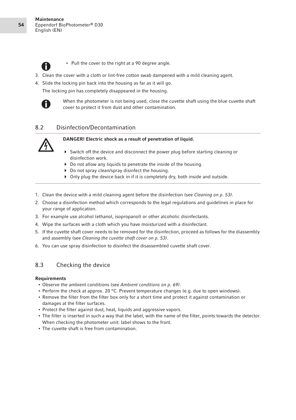 2 disinfection/decontamination, 3 checking the device, Disinfection/decontamination | Checking the device | Eppendorf D30 BioPhotometer User Manual | Page 54 / 86