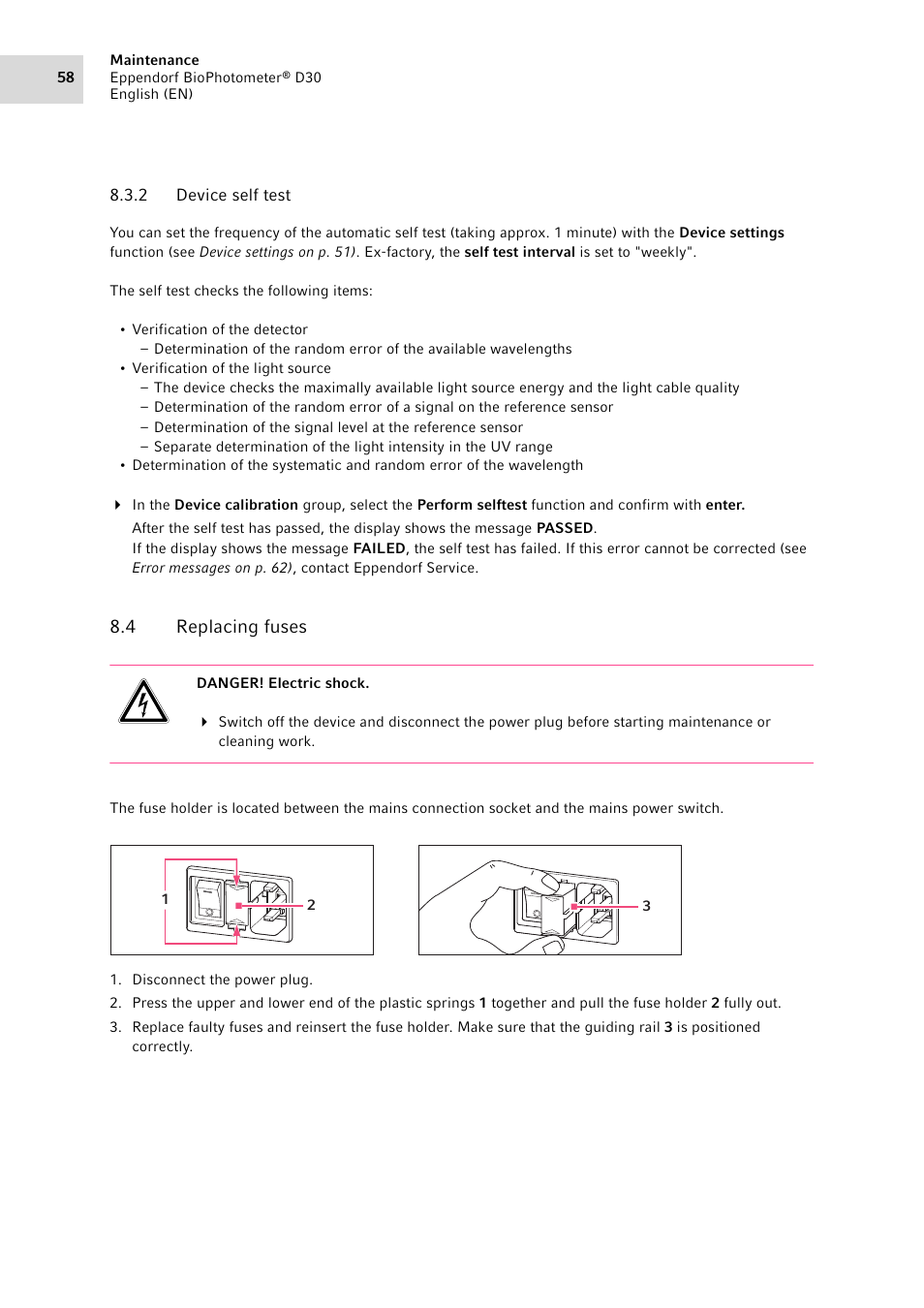 2 device self test, 4 replacing fuses, Device self test | Replacing fuses | Eppendorf D30 BioPhotometer User Manual | Page 58 / 86