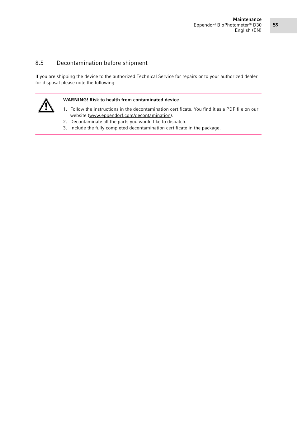 5 decontamination before shipment, Decontamination before shipment | Eppendorf D30 BioPhotometer User Manual | Page 59 / 86