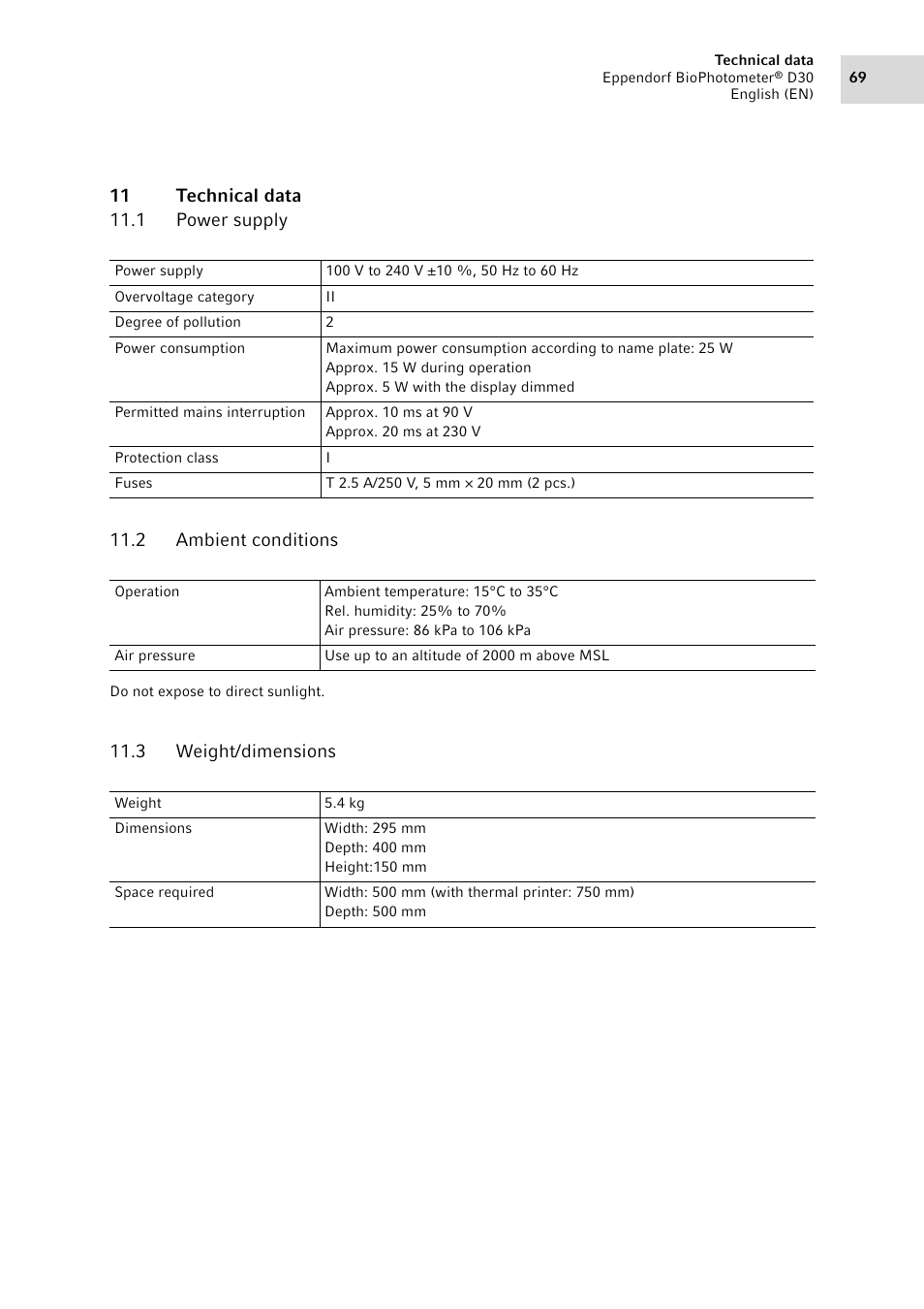 11 technical data, 1 power supply, 2 ambient conditions | 3 weight/dimensions, Power supply, Ambient conditions, Weight/dimensions | Eppendorf D30 BioPhotometer User Manual | Page 69 / 86