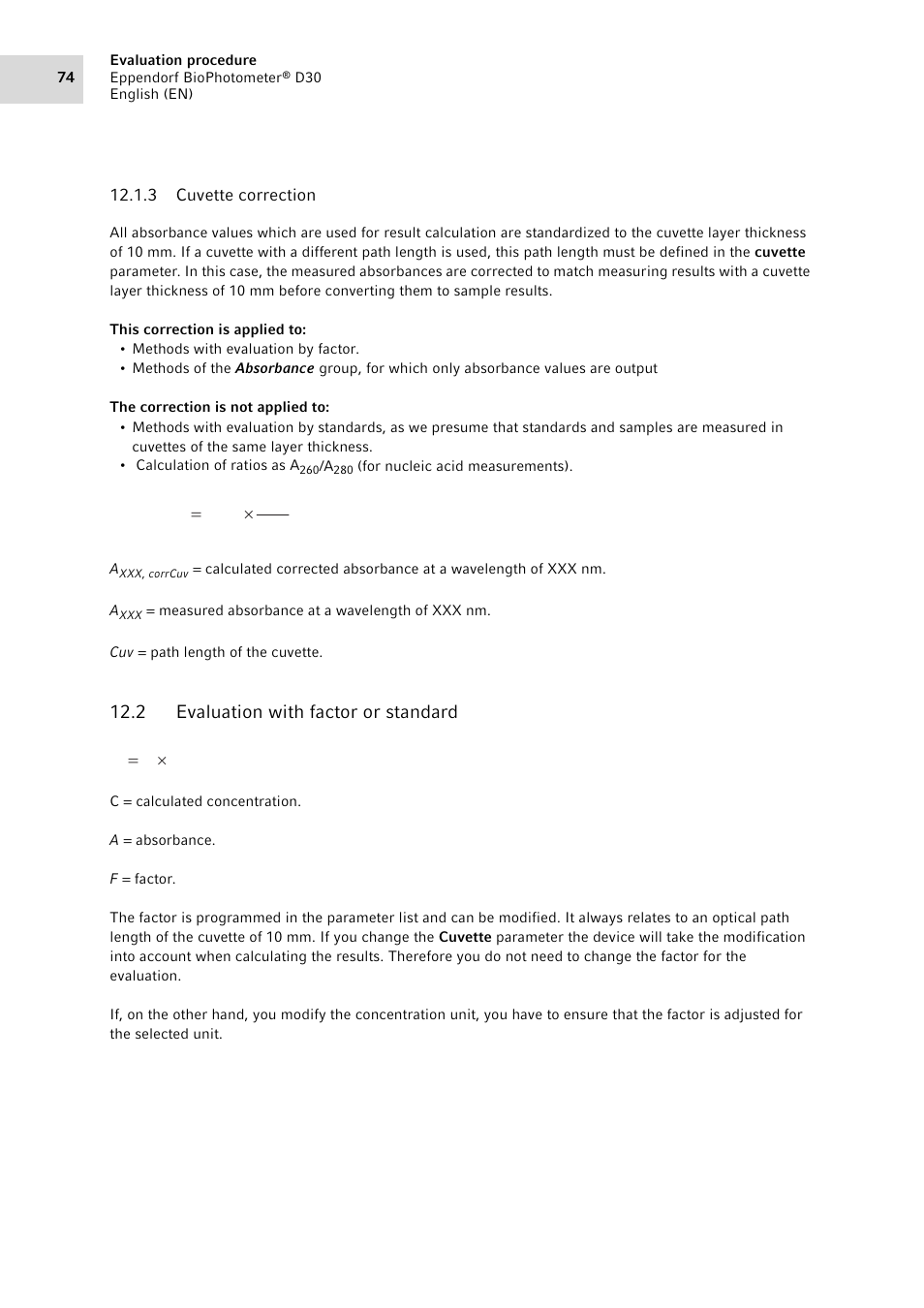 3 cuvette correction, 2 evaluation with factor or standard, Cuvette correction | Evaluation with factor or standard, Cuv a a, Uf a c u | Eppendorf D30 BioPhotometer User Manual | Page 74 / 86