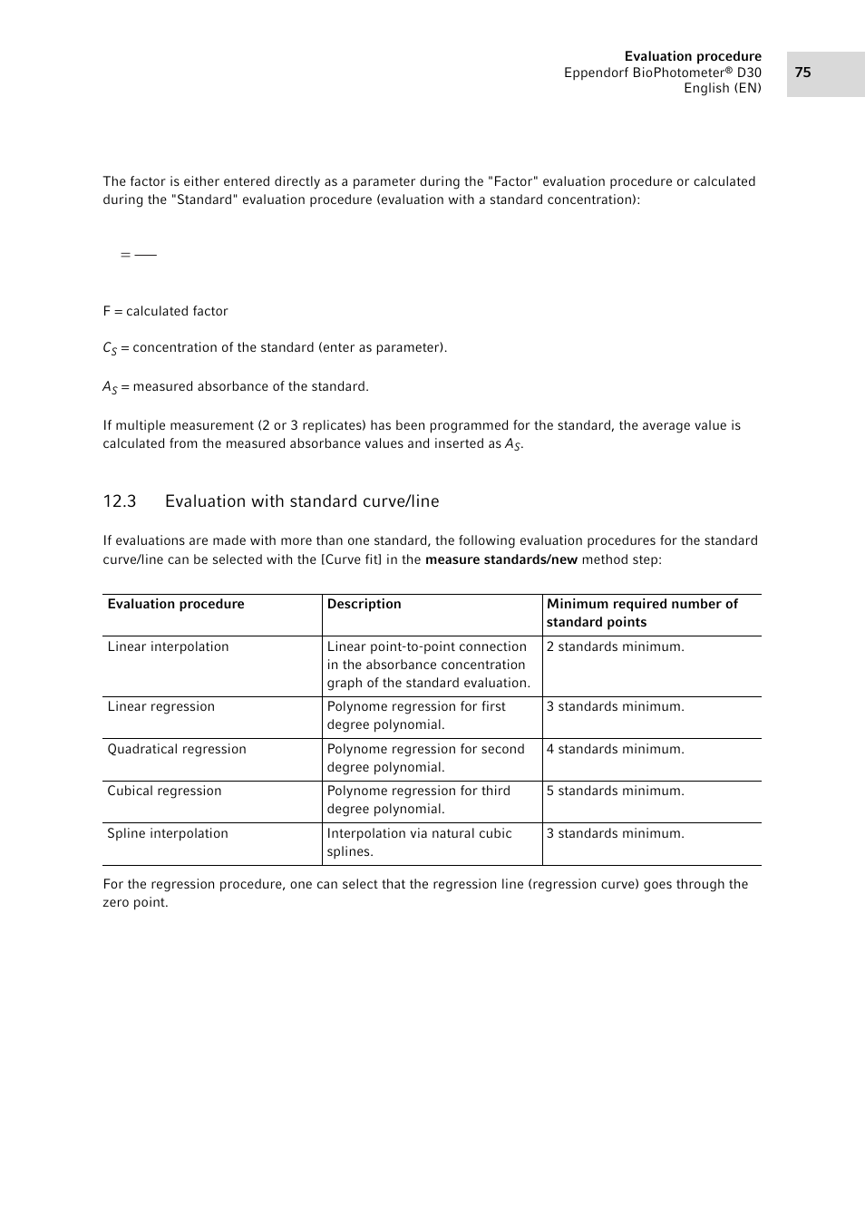 3 evaluation with standard curve/line, Evaluation with standard curve/line, Ac f | Eppendorf D30 BioPhotometer User Manual | Page 75 / 86