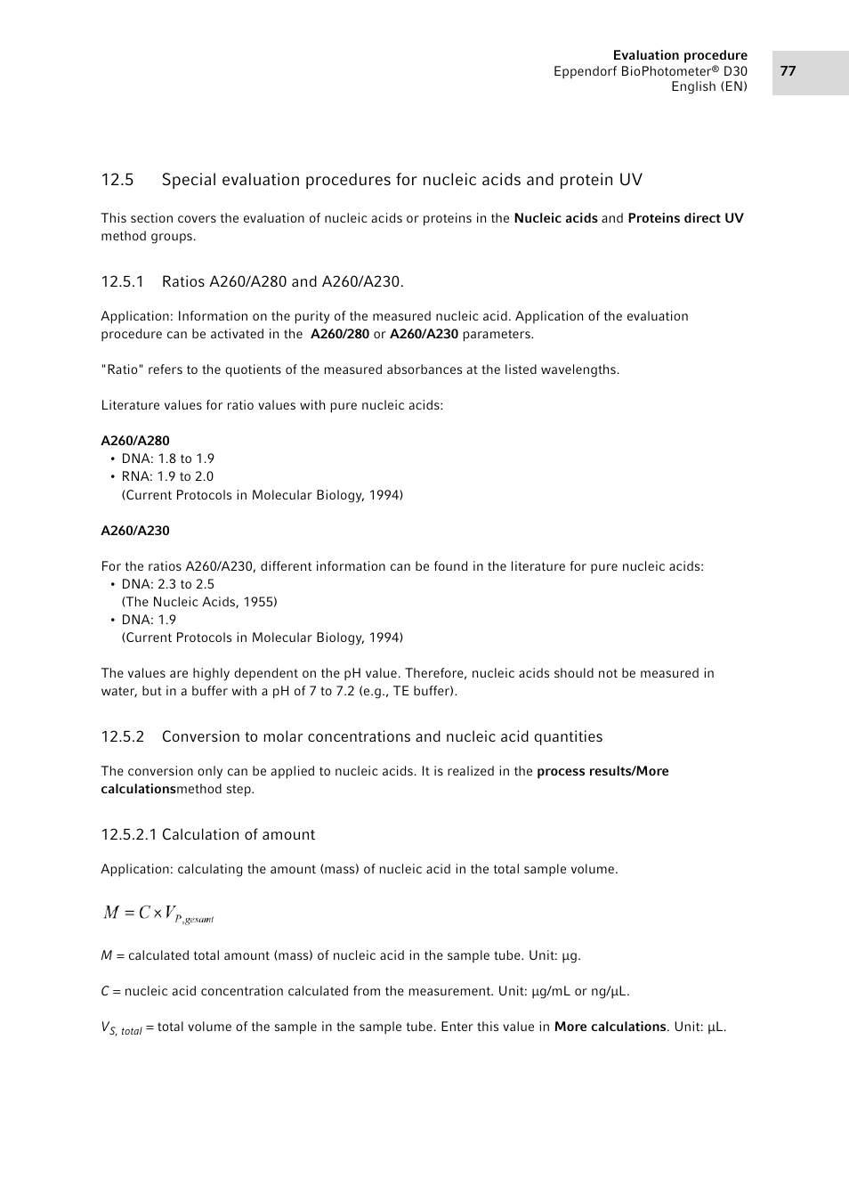 1 ratios a260/a280 and a260/a230, Ratios a260/a280 and a260/a230 | Eppendorf D30 BioPhotometer User Manual | Page 77 / 86