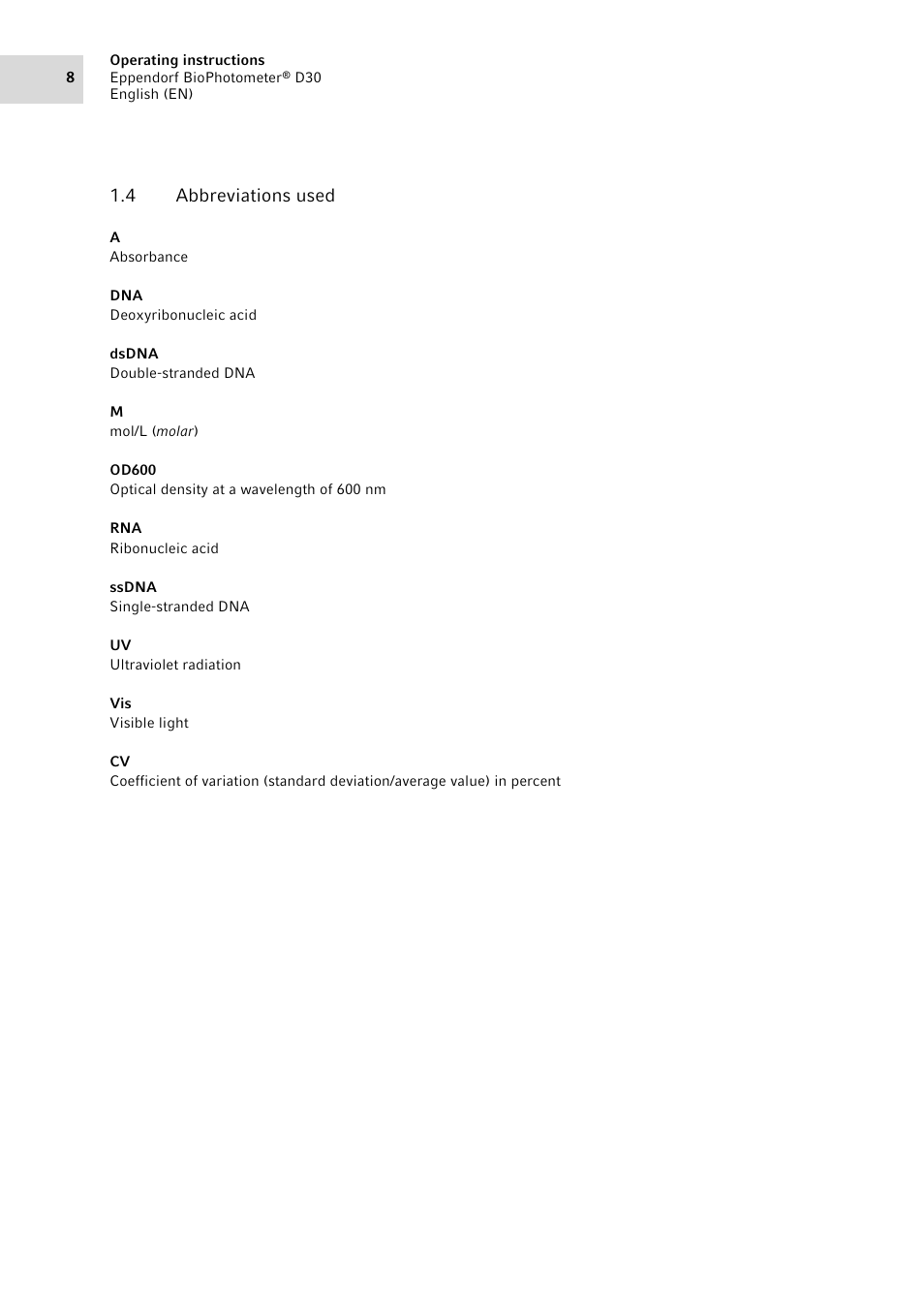 4 abbreviations used, Abbreviations used | Eppendorf D30 BioPhotometer User Manual | Page 8 / 86