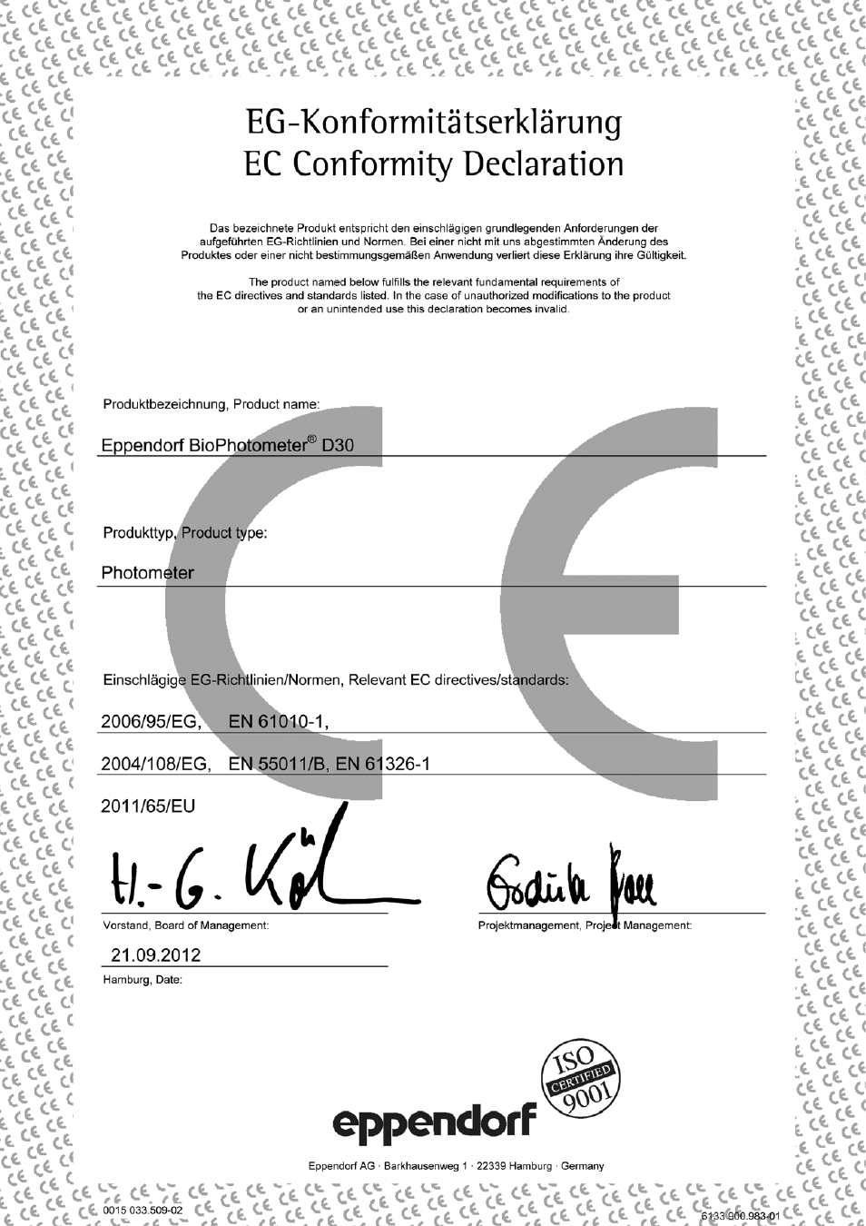 Certificates | Eppendorf D30 BioPhotometer User Manual | Page 83 / 86