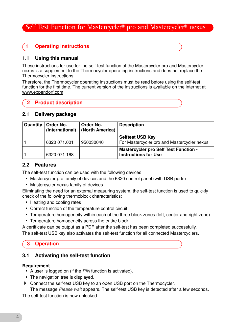 1 operating instructions, 1 using this manual, 2 product description | 1 delivery package, 2 features, 3 operation, 1 activating the self-test function, Operating instructions 1.1 using this manual, Operation 3.1 activating the self-test function | Eppendorf Self Test Function for Mastercycler nexus User Manual | Page 4 / 12