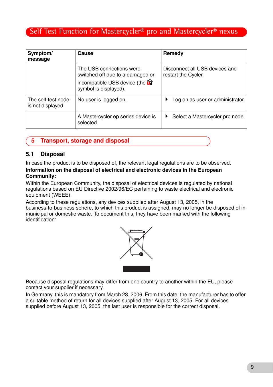 5 transport, storage and disposal, 1 disposal, Transport, storage and disposal 5.1 disposal | Eppendorf Self Test Function for Mastercycler nexus User Manual | Page 9 / 12