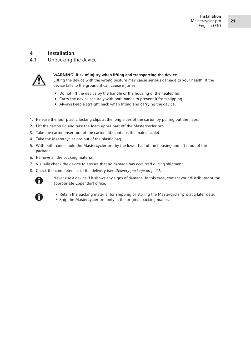 4 installation, 1 unpacking the device, Installation 4.1 | Unpacking the device | Eppendorf Mastercycler pro User Manual | Page 21 / 94