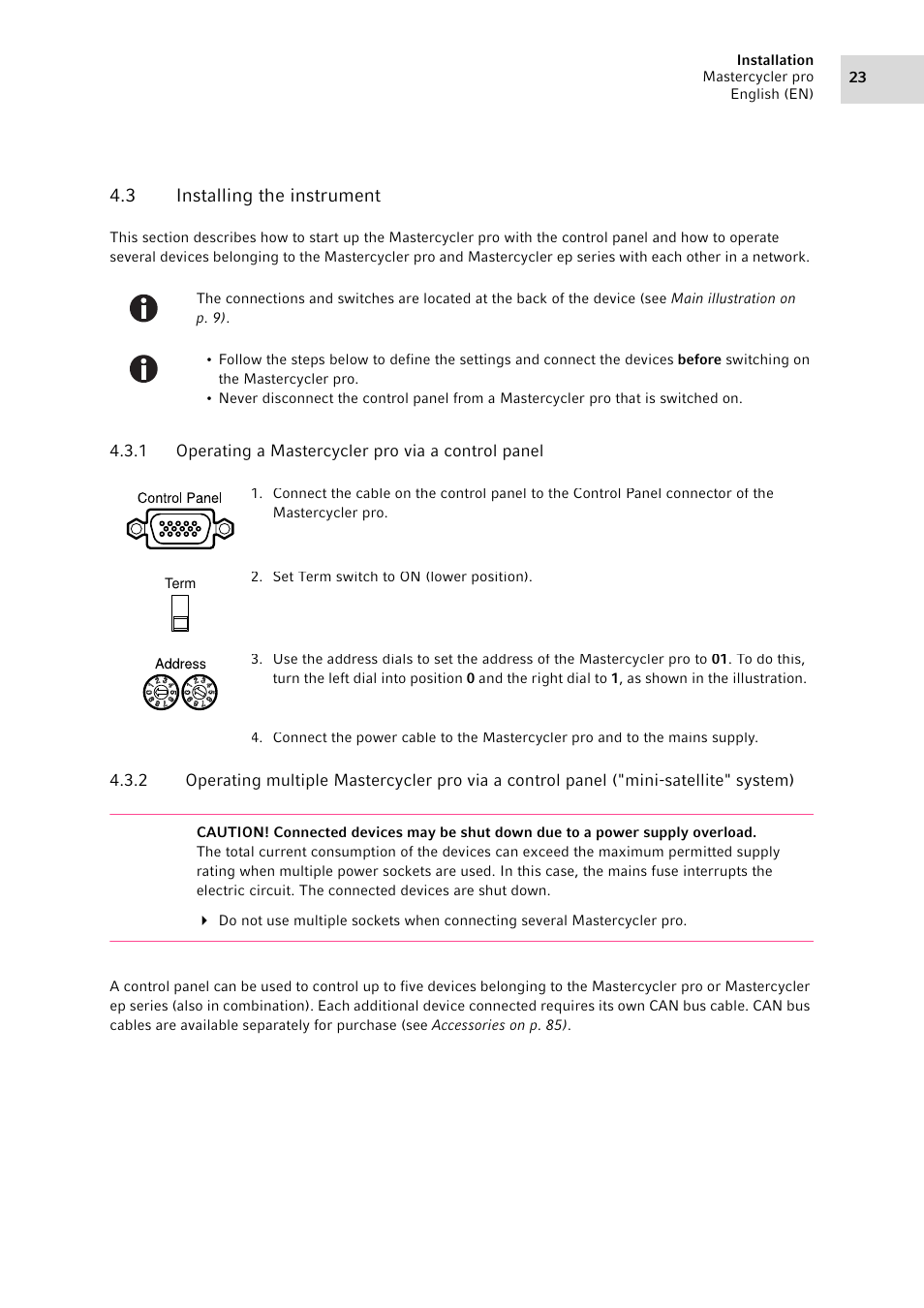 3 installing the instrument, 1 operating a mastercycler pro via a control panel, Installing the instrument | Eppendorf Mastercycler pro User Manual | Page 23 / 94