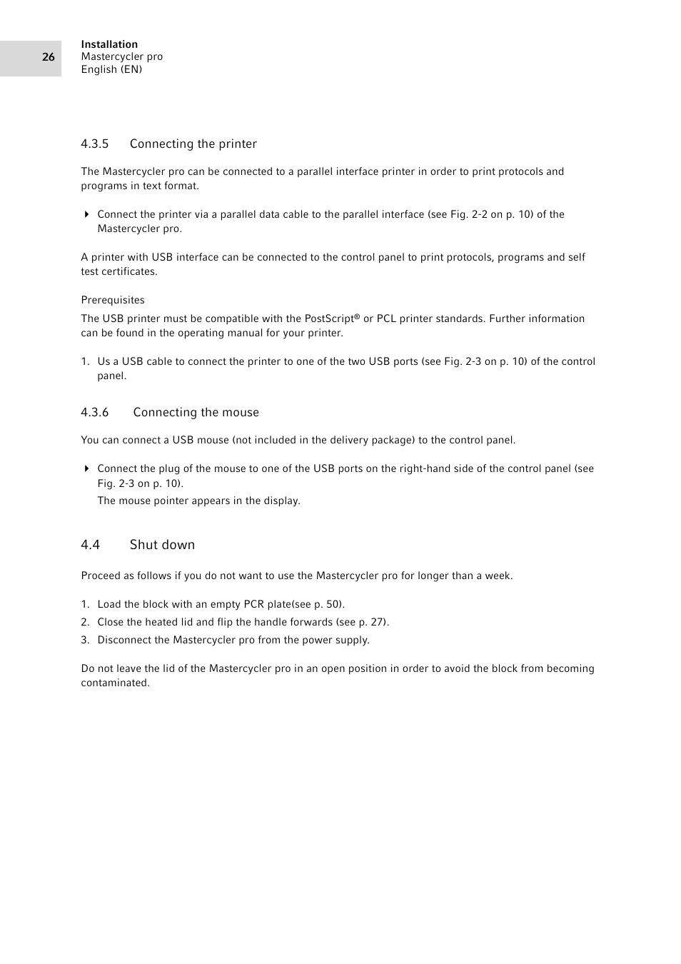 5 connecting the printer, 6 connecting the mouse, 4 shut down | Shut down, See p. 26) | Eppendorf Mastercycler pro User Manual | Page 26 / 94