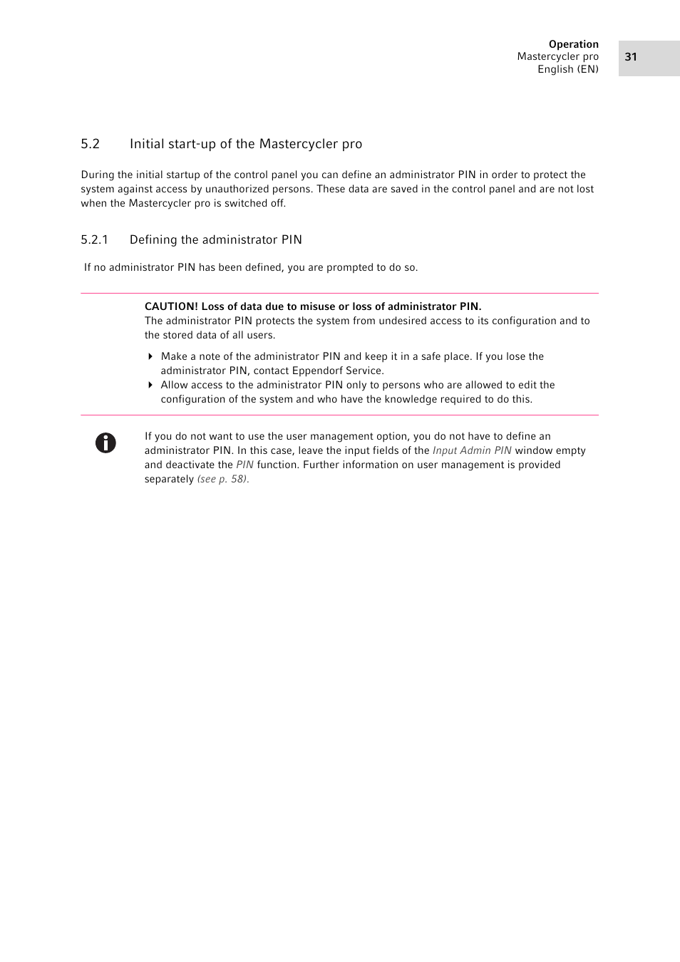 2 initial start-up of the mastercycler pro, 1 defining the administrator pin, Initial start-up of the mastercycler pro 5.2.1 | Defining the administrator pin | Eppendorf Mastercycler pro User Manual | Page 31 / 94