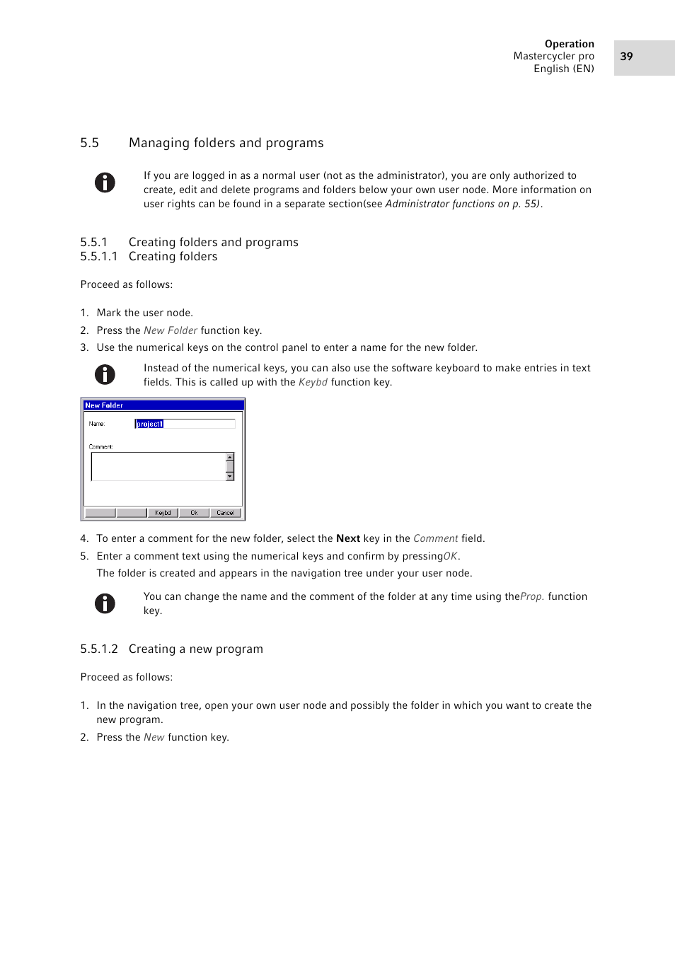 5 managing folders and programs, 1 creating folders and programs, Managing folders and programs 5.5.1 | Creating folders and programs | Eppendorf Mastercycler pro User Manual | Page 39 / 94