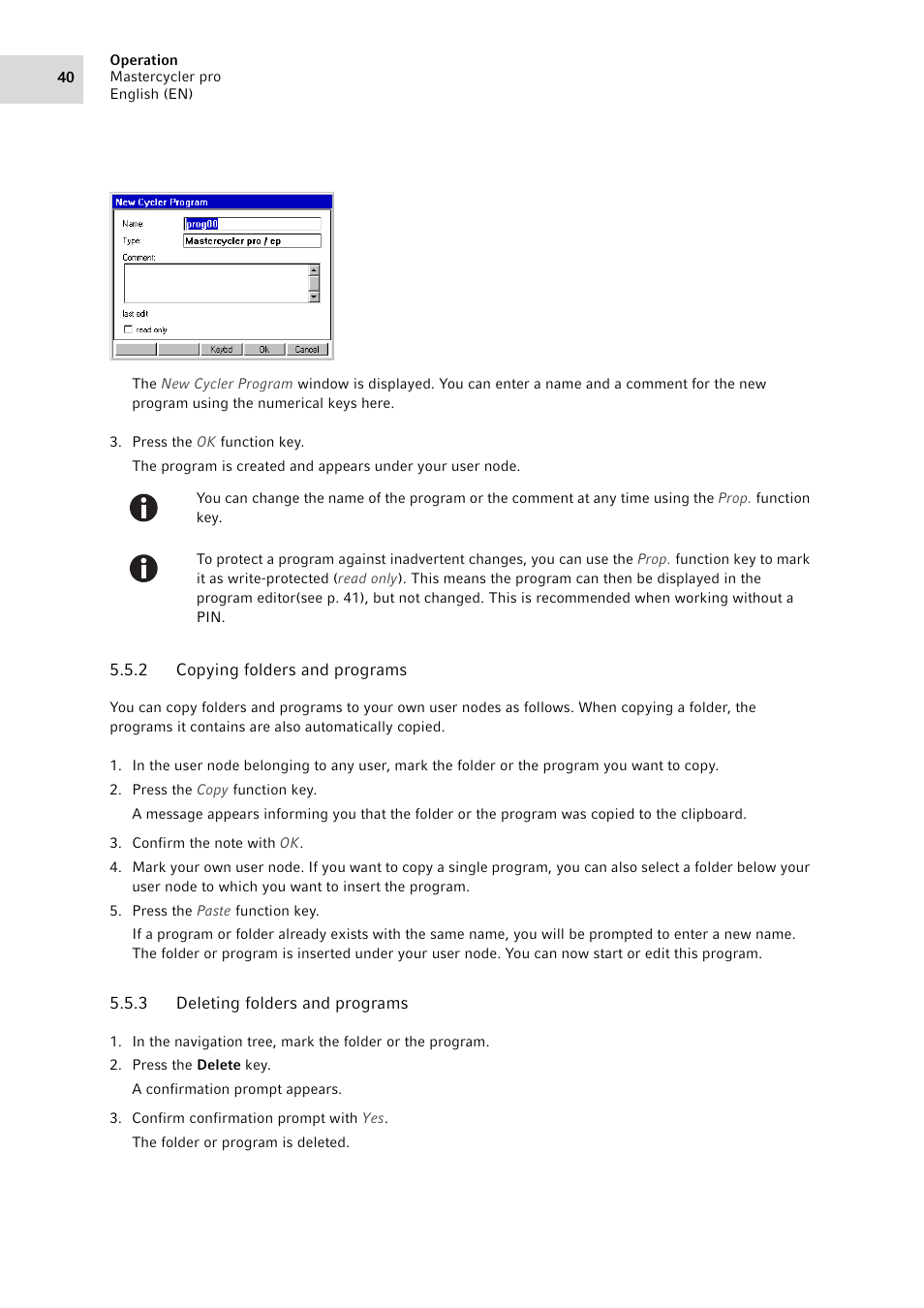 2 copying folders and programs, 3 deleting folders and programs, Copying folders and programs | Deleting folders and programs | Eppendorf Mastercycler pro User Manual | Page 40 / 94