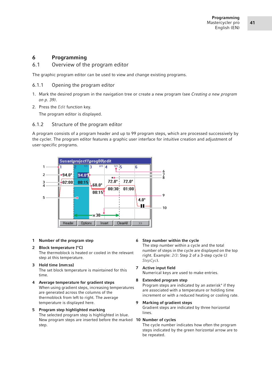 6 programming, 1 overview of the program editor, 1 opening the program editor | 2 structure of the program editor, Programming 6.1, Overview of the program editor 6.1.1, Opening the program editor, Structure of the program editor, 6programming 6.1 overview of the program editor | Eppendorf Mastercycler pro User Manual | Page 41 / 94