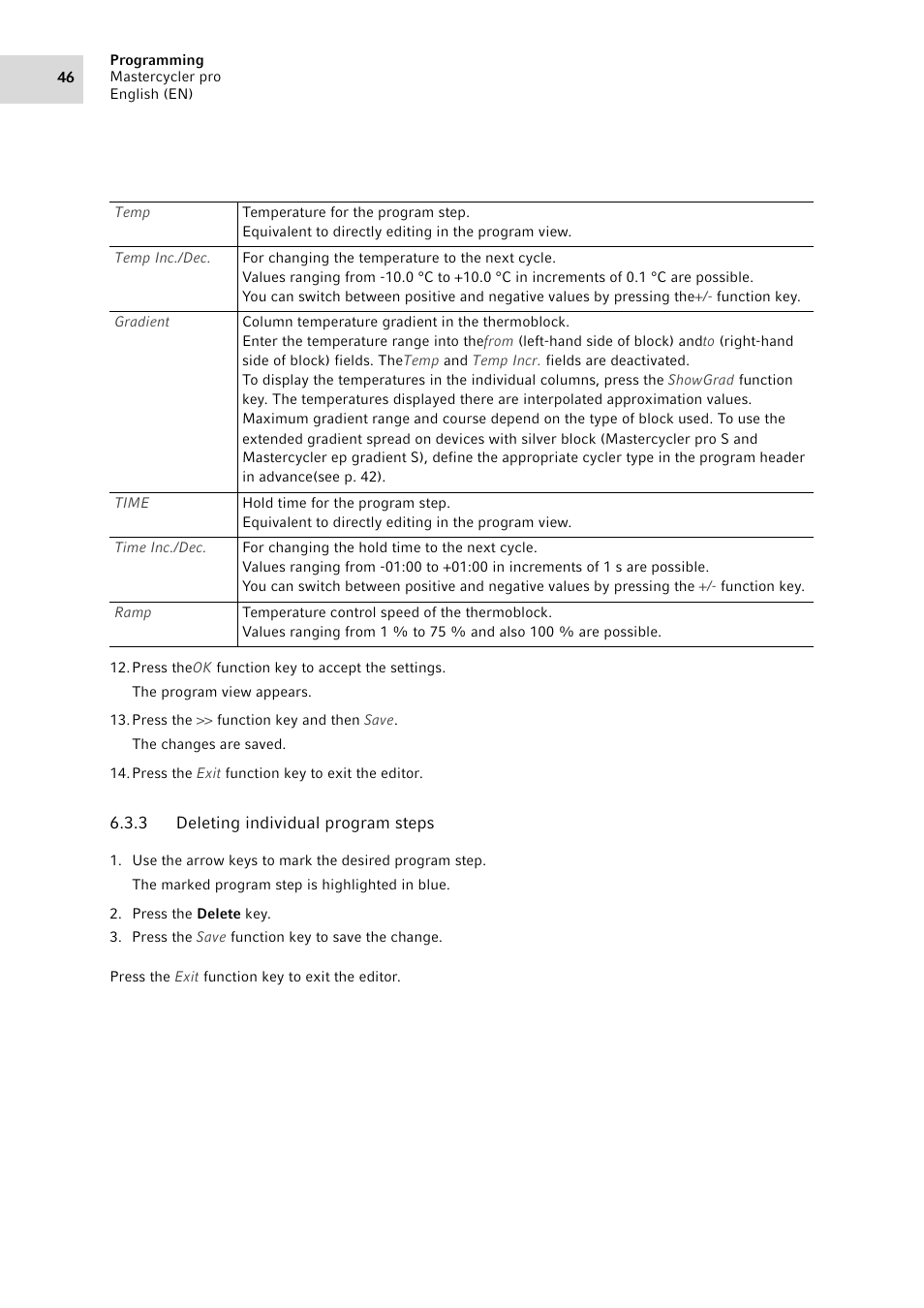 3 deleting individual program steps, Deleting individual program steps | Eppendorf Mastercycler pro User Manual | Page 46 / 94