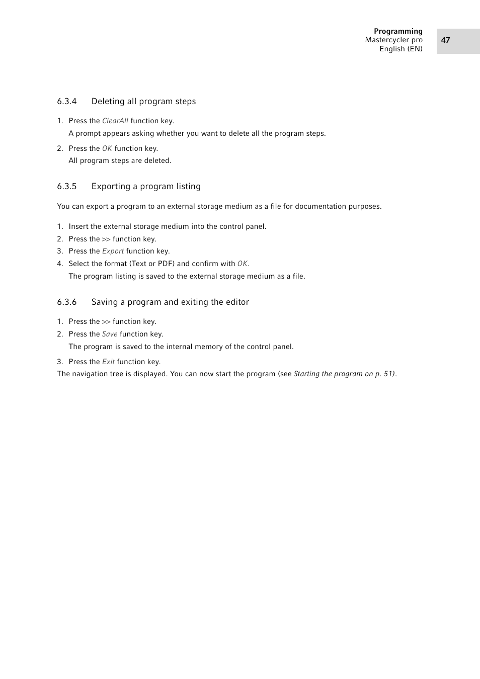 4 deleting all program steps, 5 exporting a program listing, 6 saving a program and exiting the editor | Deleting all program steps, Exporting a program listing, Saving a program and exiting the editor | Eppendorf Mastercycler pro User Manual | Page 47 / 94