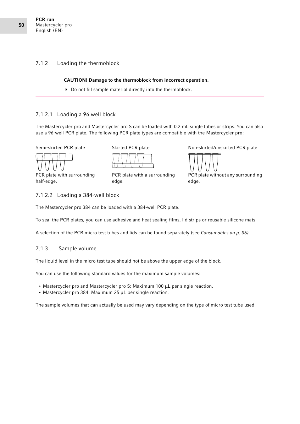 2 loading the thermoblock, 3 sample volume, Loading the thermoblock | Sample volume, Plate(see p. 50) | Eppendorf Mastercycler pro User Manual | Page 50 / 94